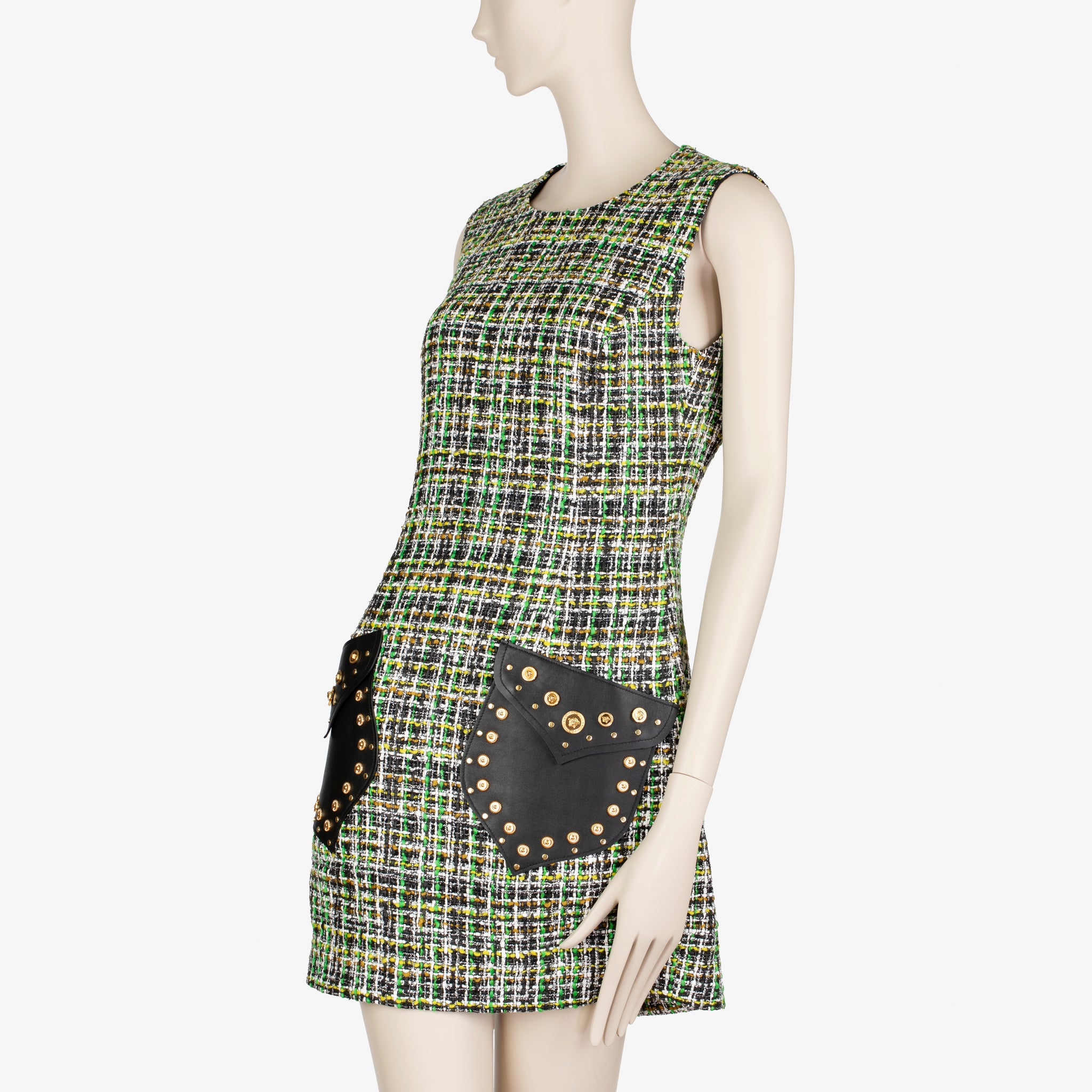Versace Tweed Mini Dress with Leather Studded Pockets – Size 40 IT