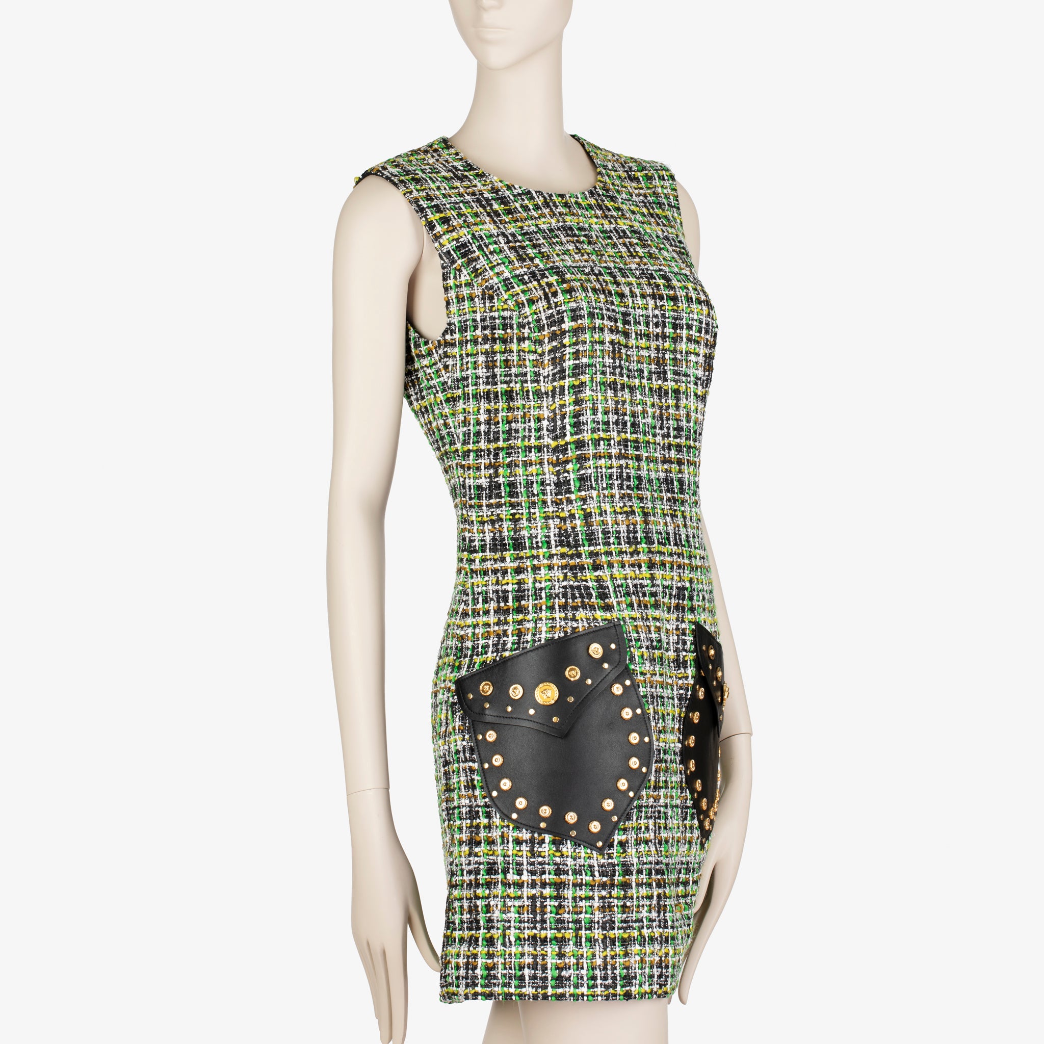 Versace Tweed Mini Dress with Leather Studded Pockets – Size 40 IT