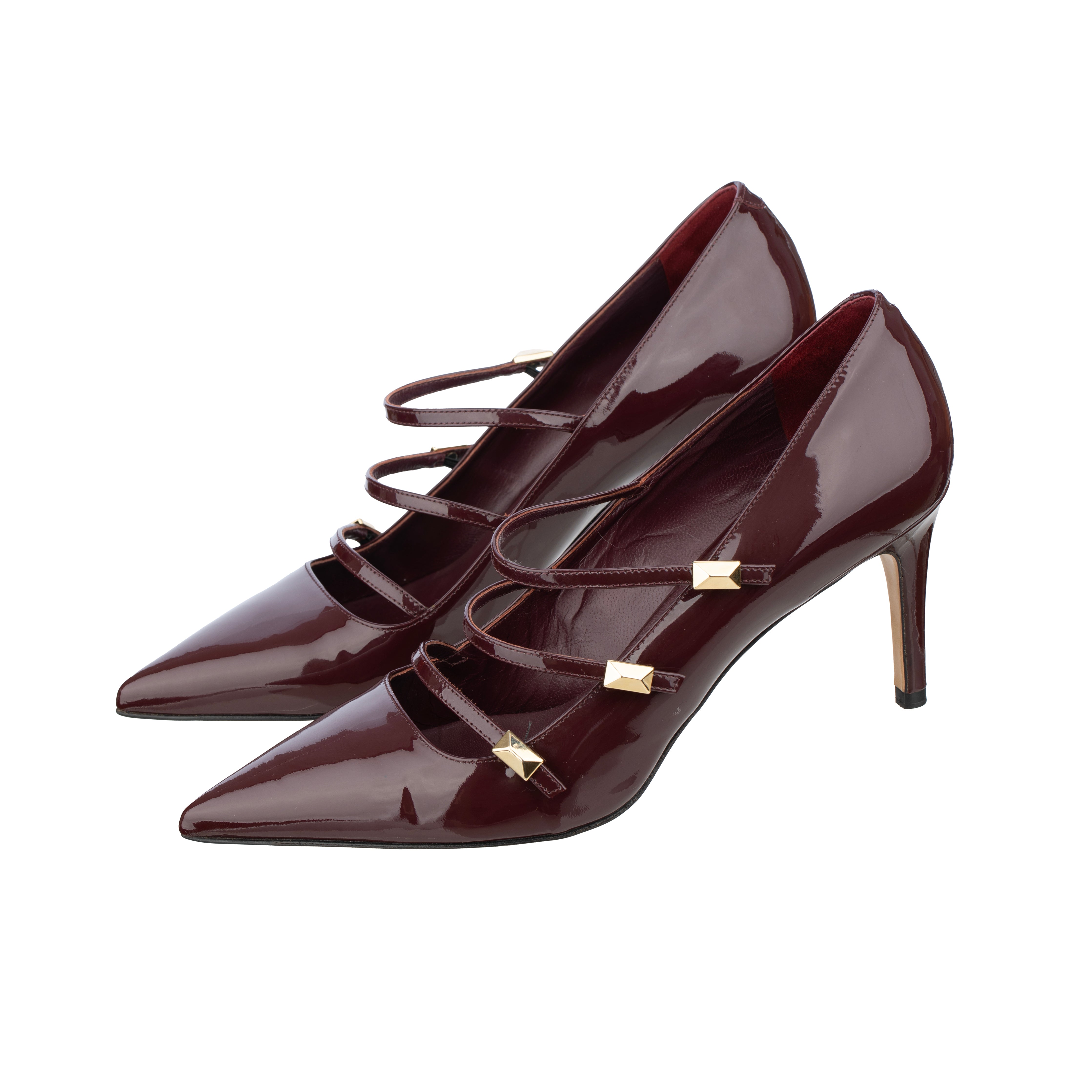 Max Mara Pointed Patent Leather Burgundy Heels with Strap Details - Size | 38.5 IT