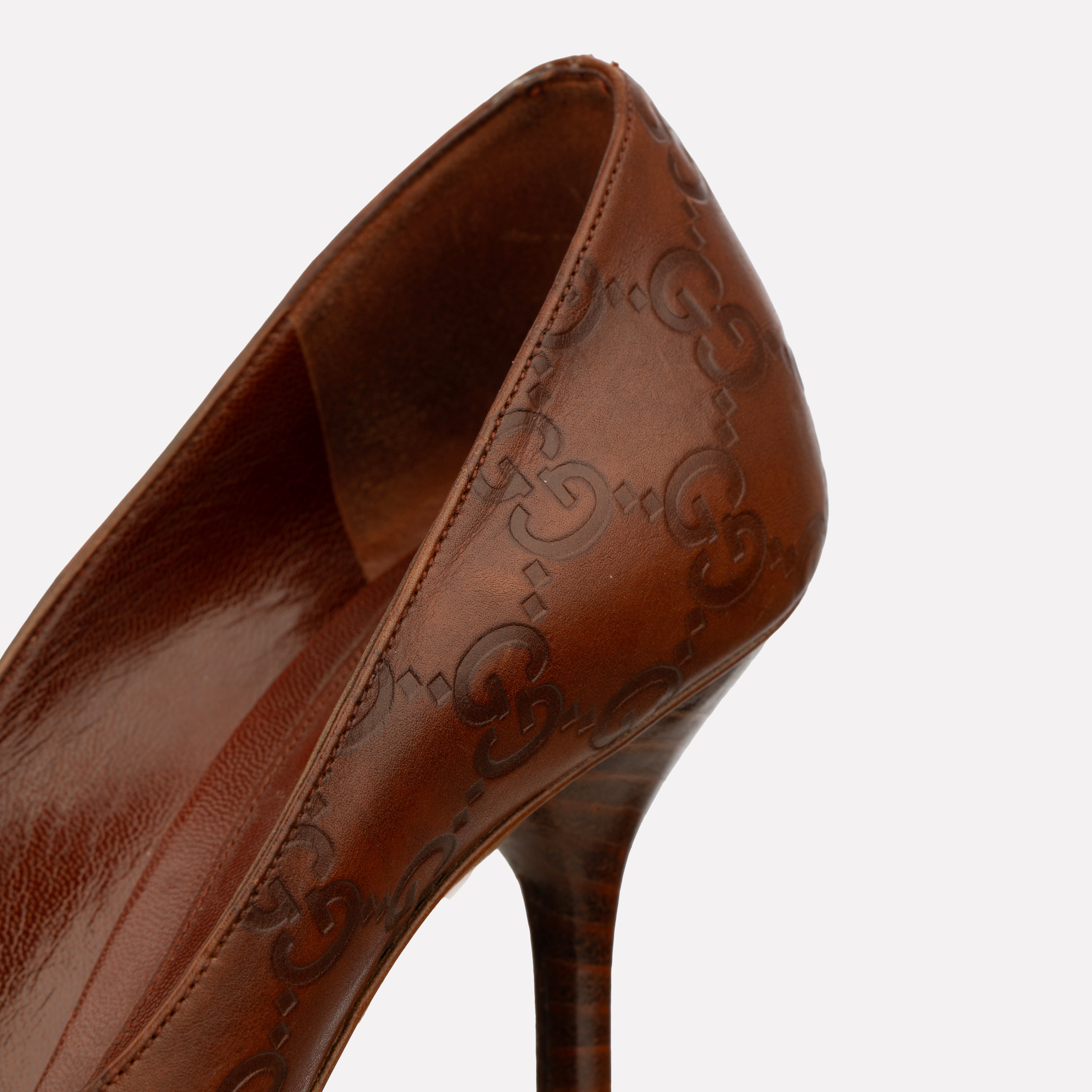 Gucci Guccisima Brown Leather Open Toe  Horse-bit Heels - Size | 36.5 IT