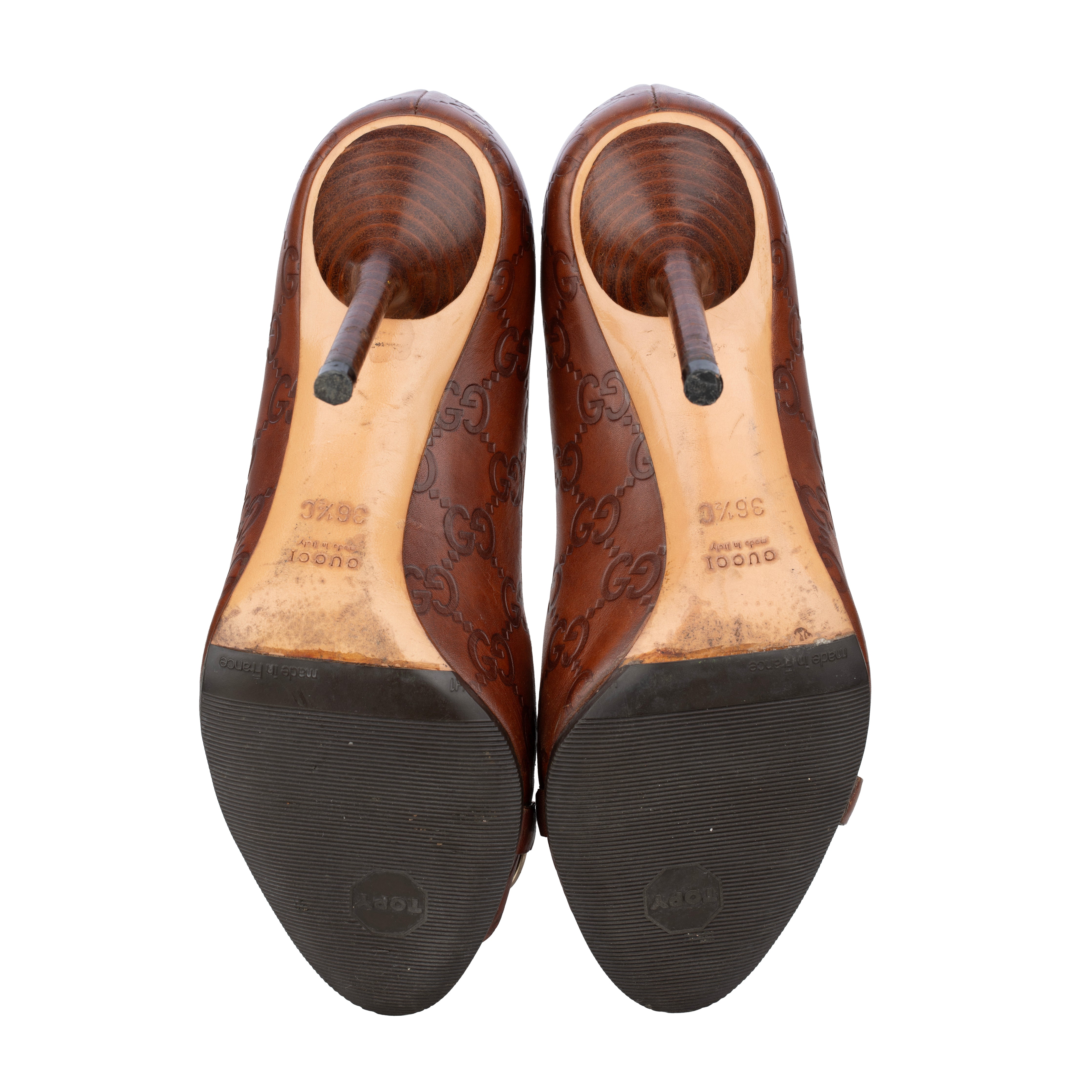 Gucci Guccisima Brown Leather Open Toe  Horse-bit Heels - Size | 36.5 IT