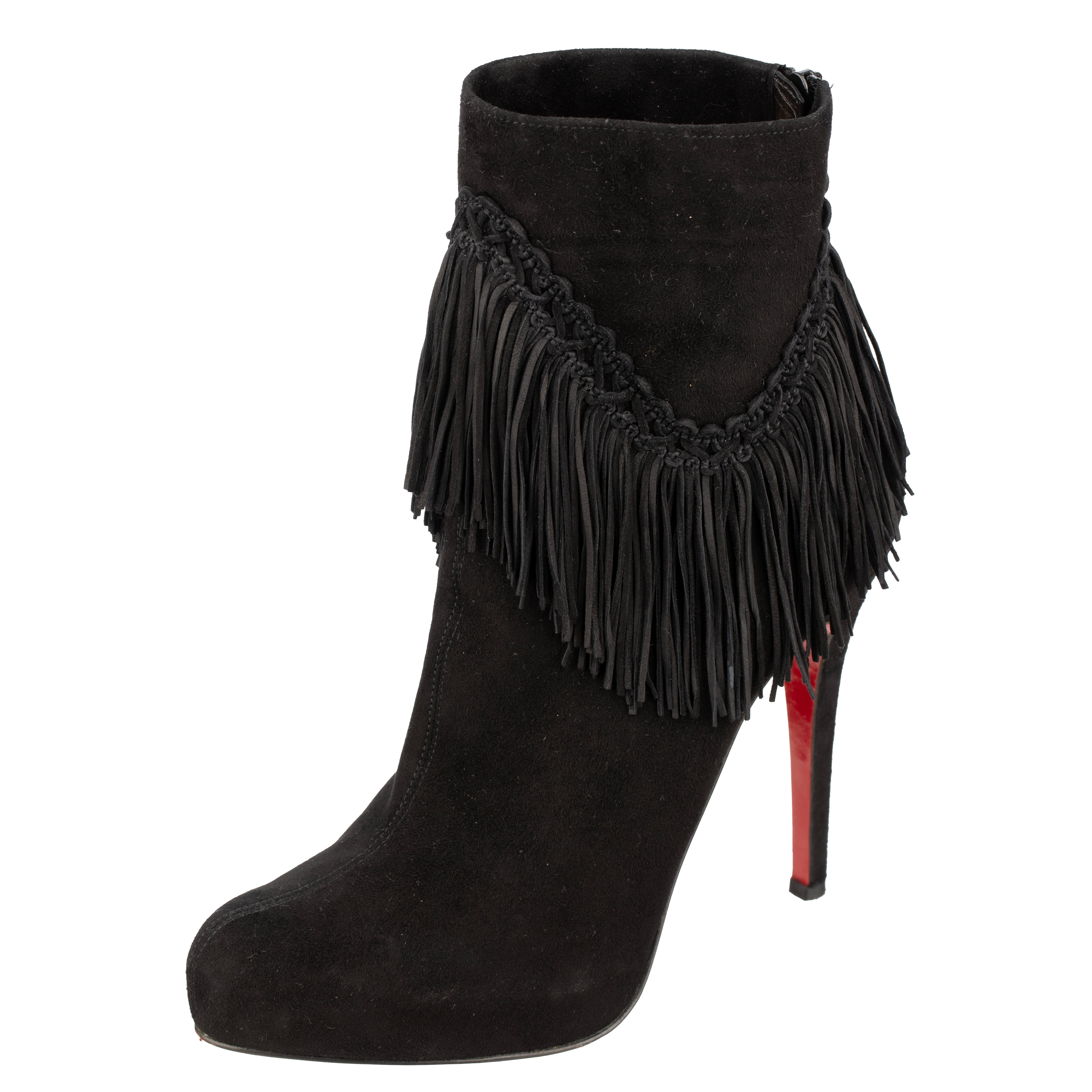 Christian Louboutin Black Suede Fringe So Kate Ankle Boot - Size | 38 IT