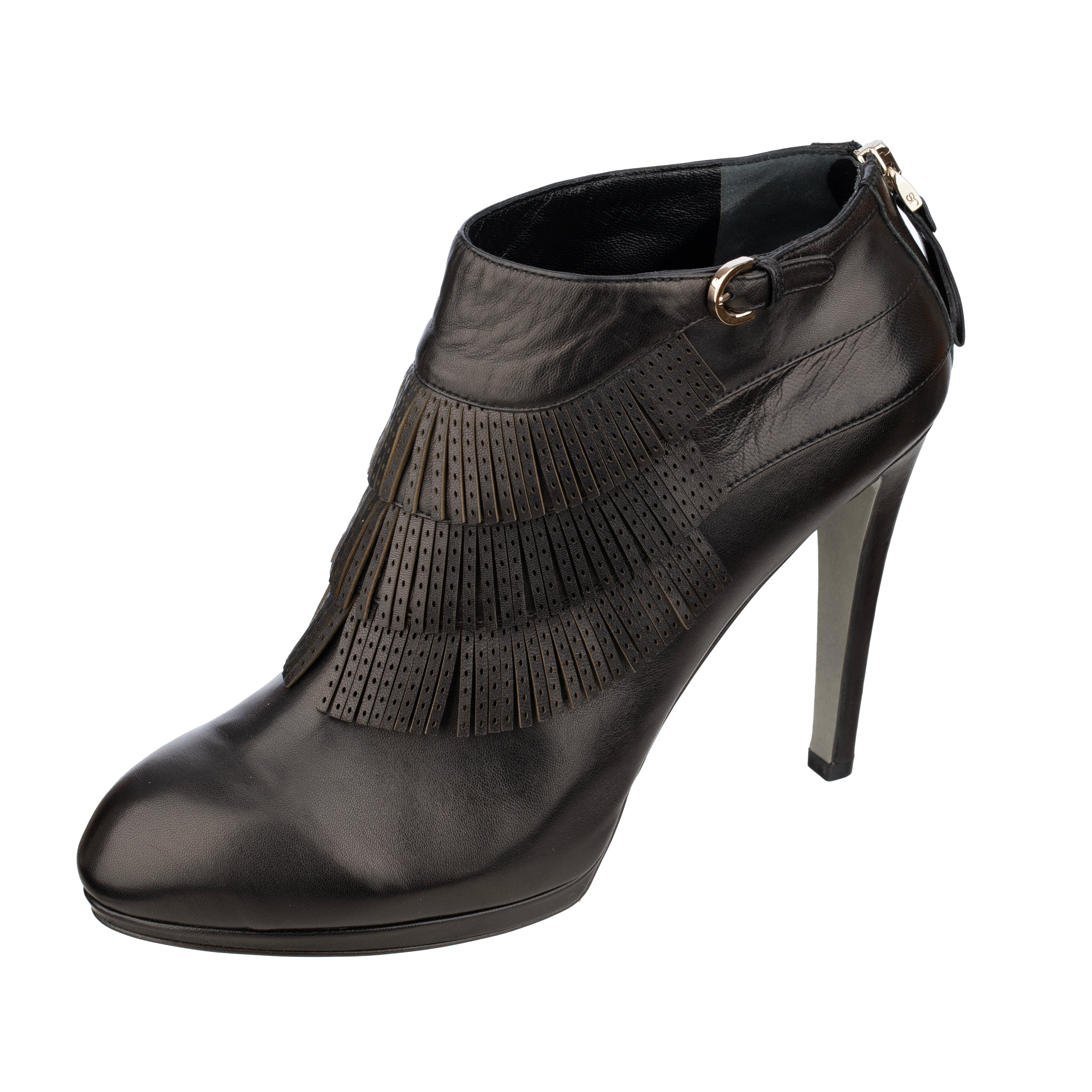 Sergio Rossi Black Leather Fringe Ankle Boots - Size | 39.IT