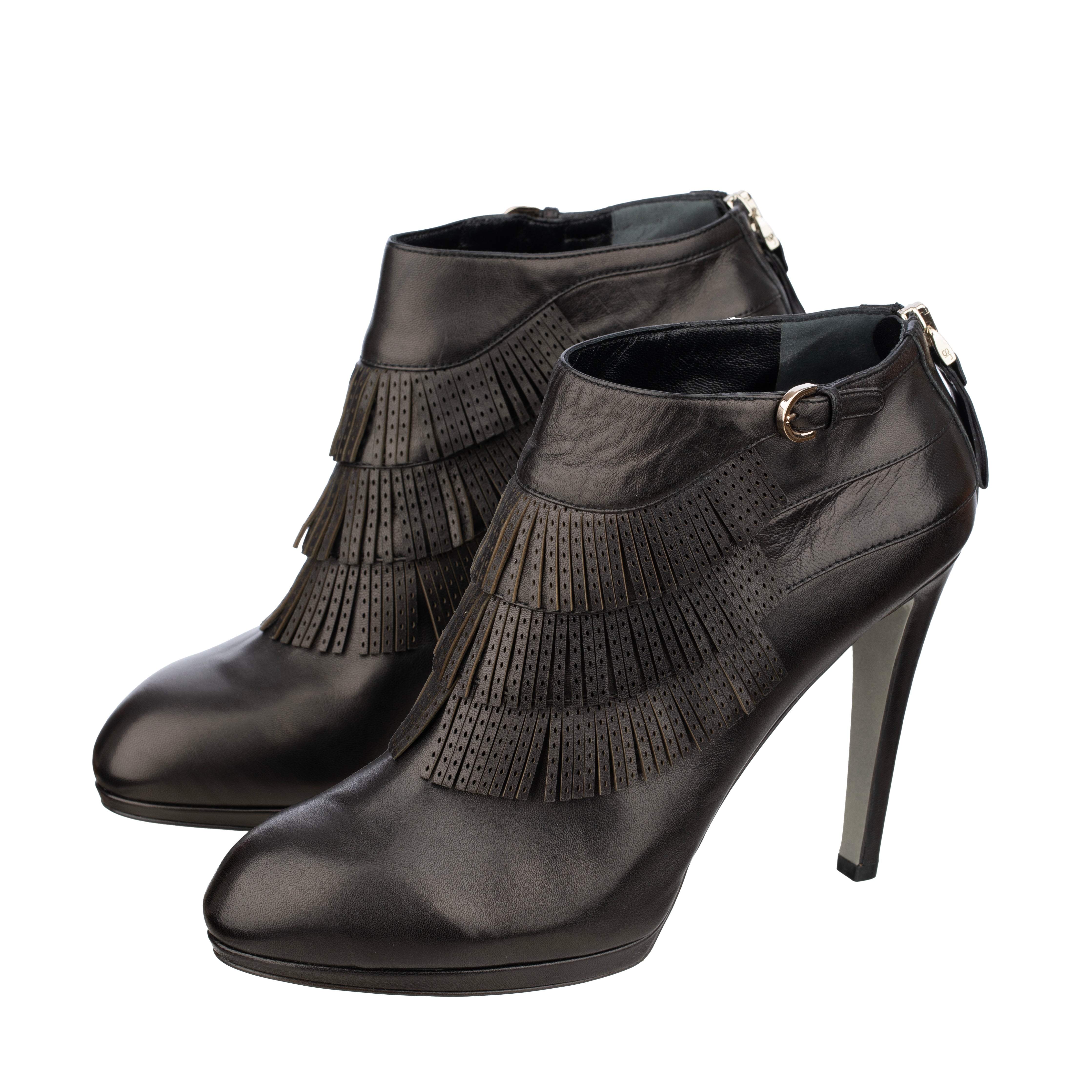 Sergio Rossi Black Leather Fringe Ankle Boots - Size | 39.IT