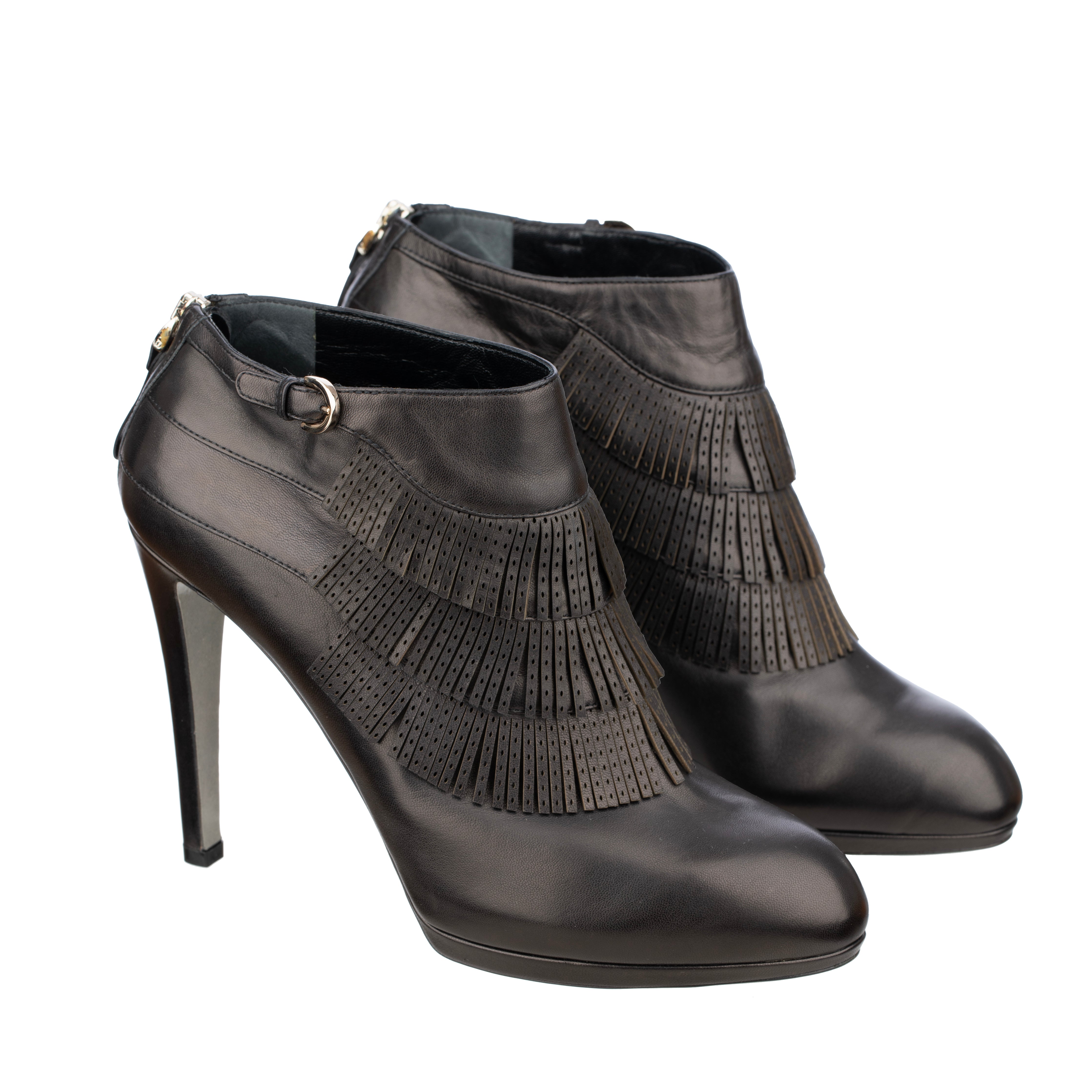 Sergio Rossi Black Leather Fringe Ankle Boots - Size | 39.IT