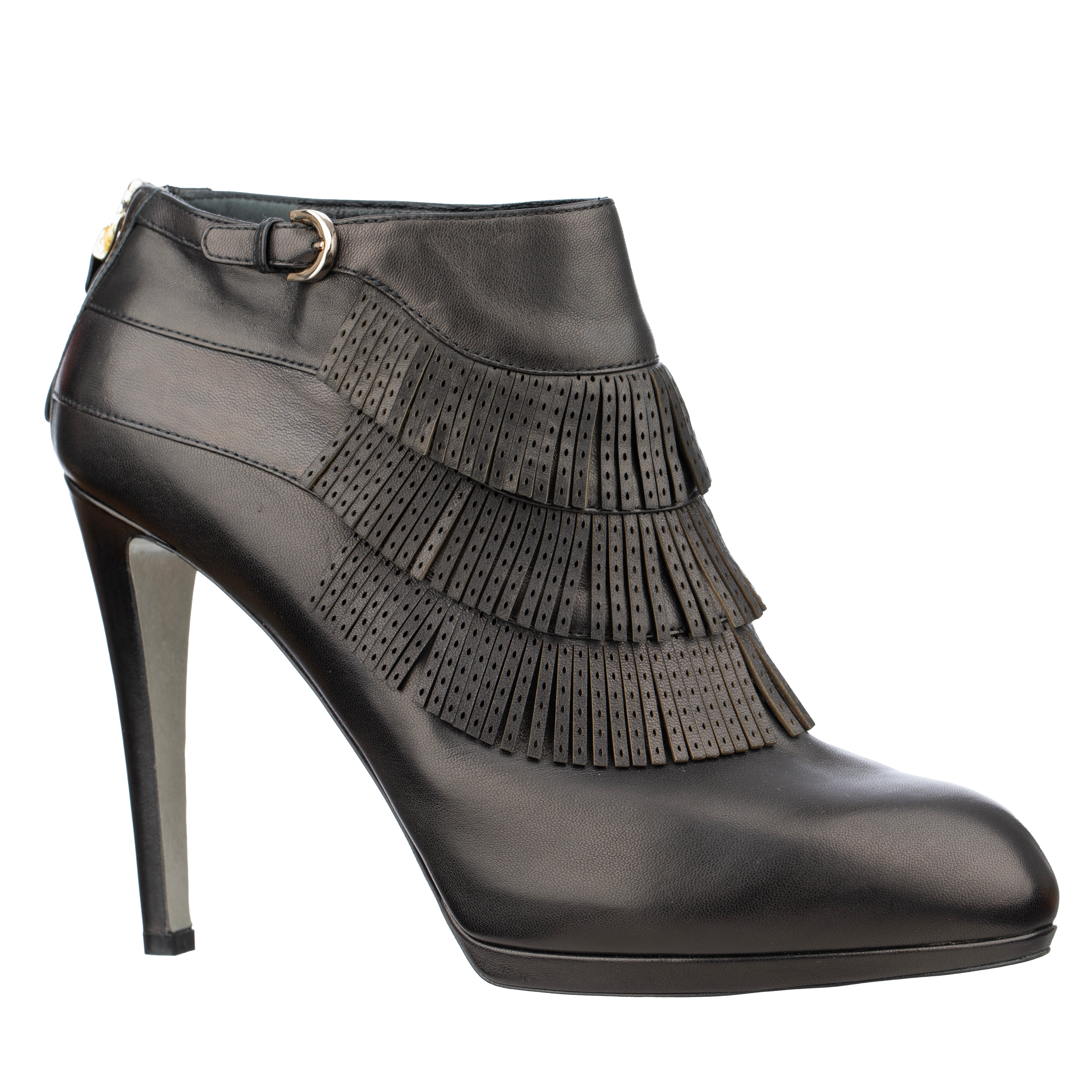 Sergio Rossi Black Leather Fringe Ankle Boots - Size | 39.IT