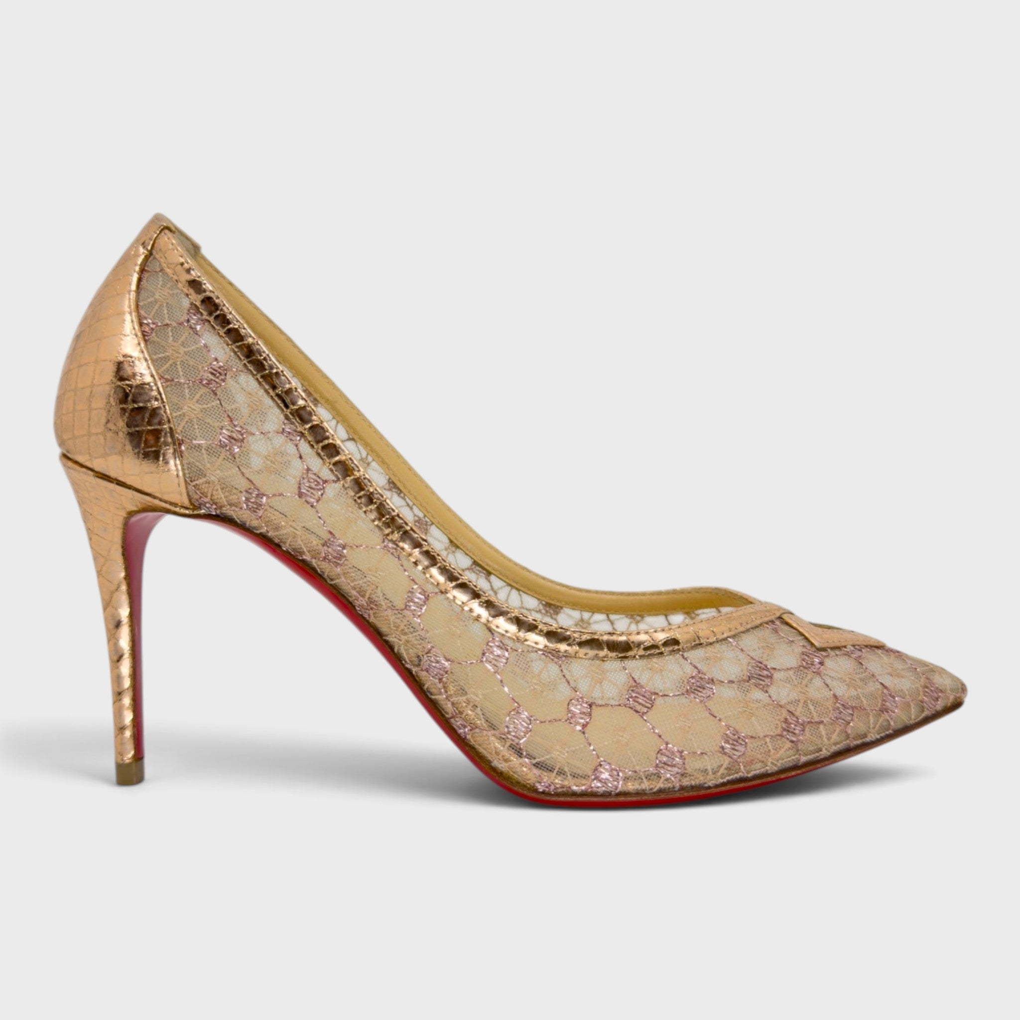 Christian Louboutin Metallic Rose Gold Mesh Heels | Size 36.5