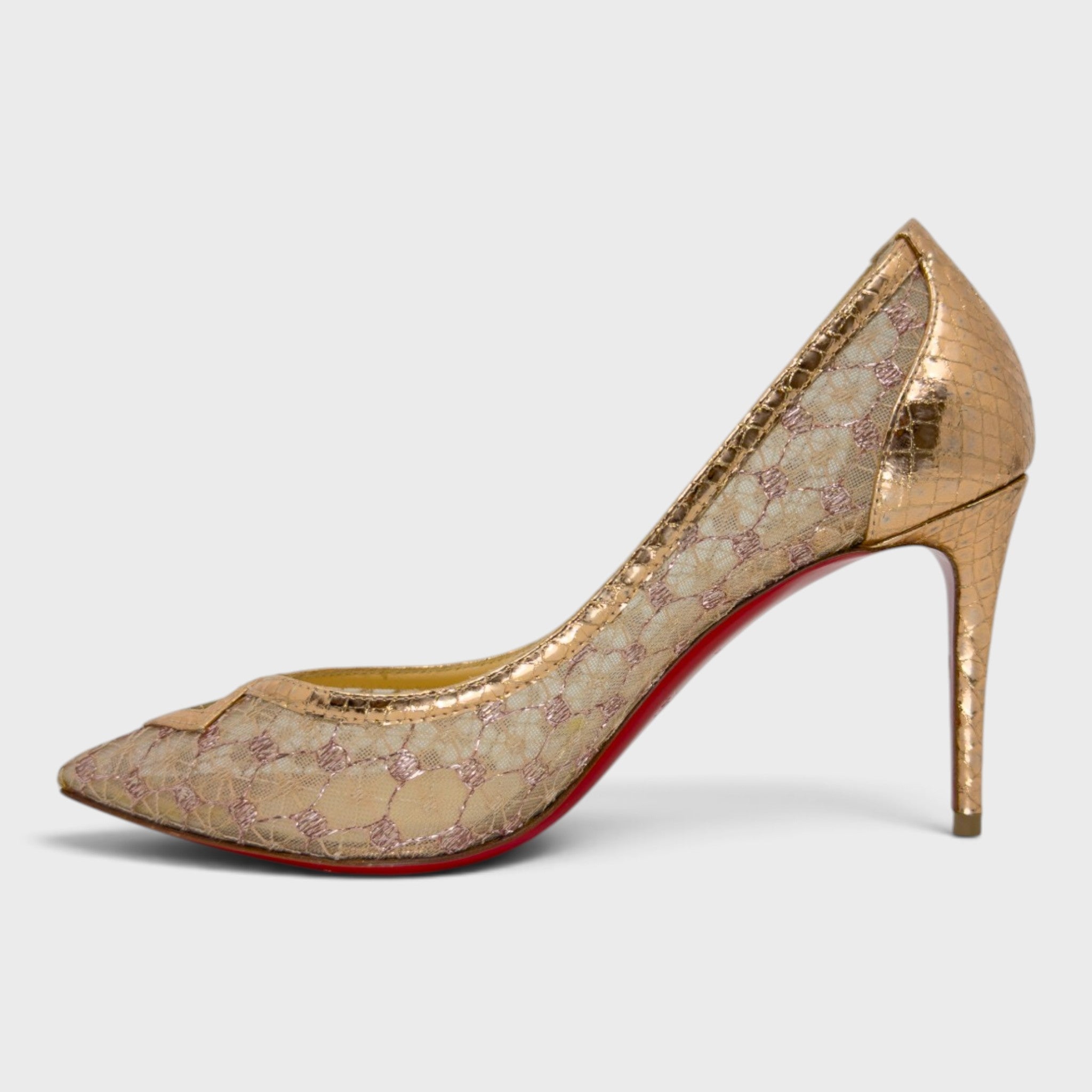 Christian Louboutin Metallic Rose Gold Mesh Heels | Size 36.5