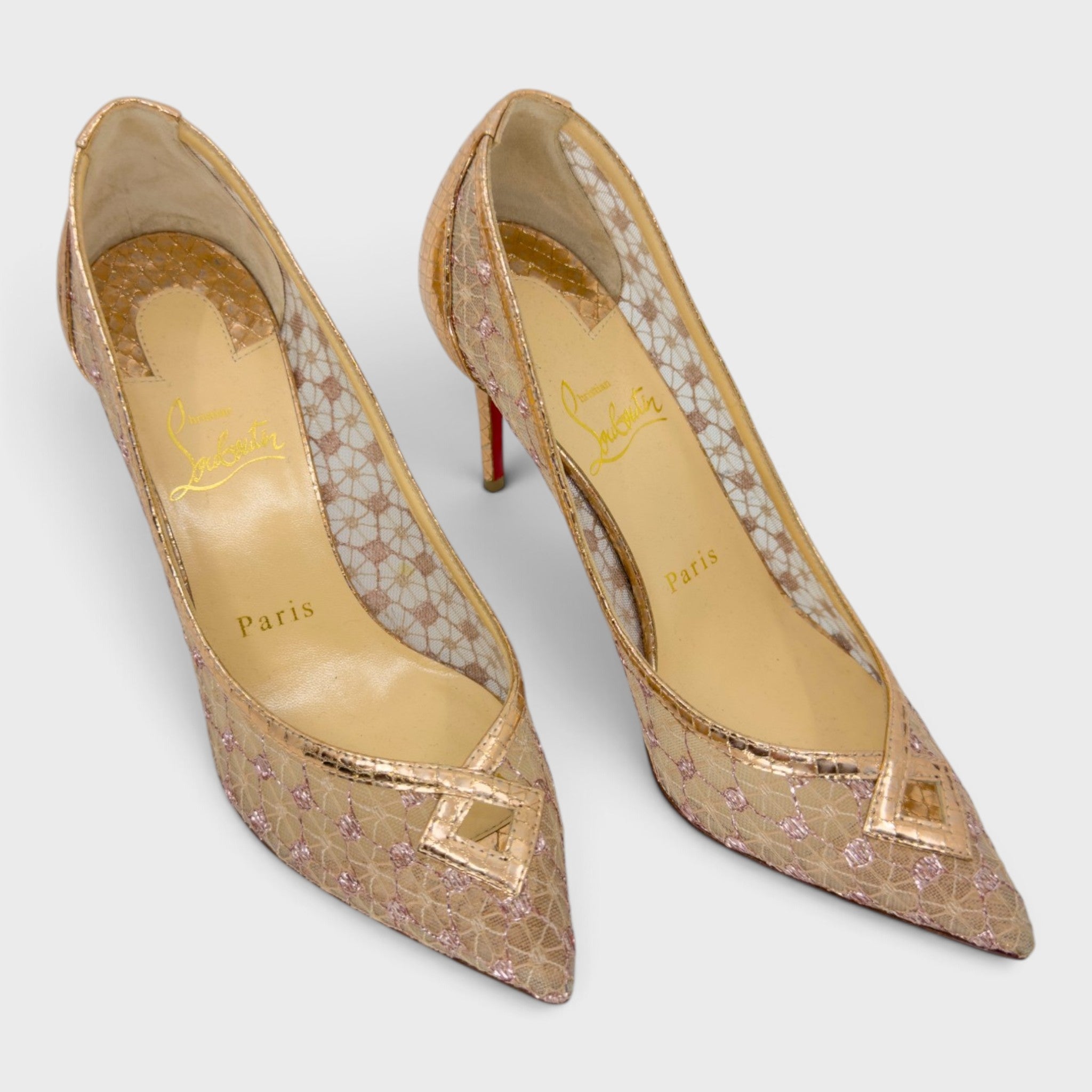 Christian Louboutin Metallic Rose Gold Mesh Heels | Size 36.5