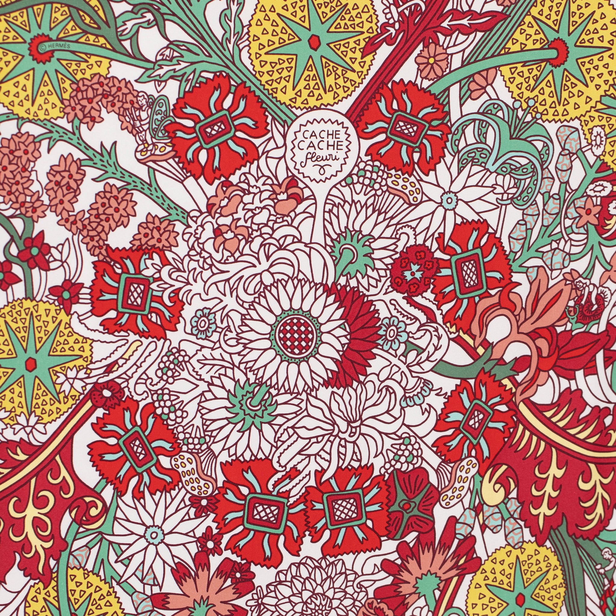 Hermes "Cache-Cache Fleure" Silk Scarf Blanc, Rouge, Vert 90 Cm