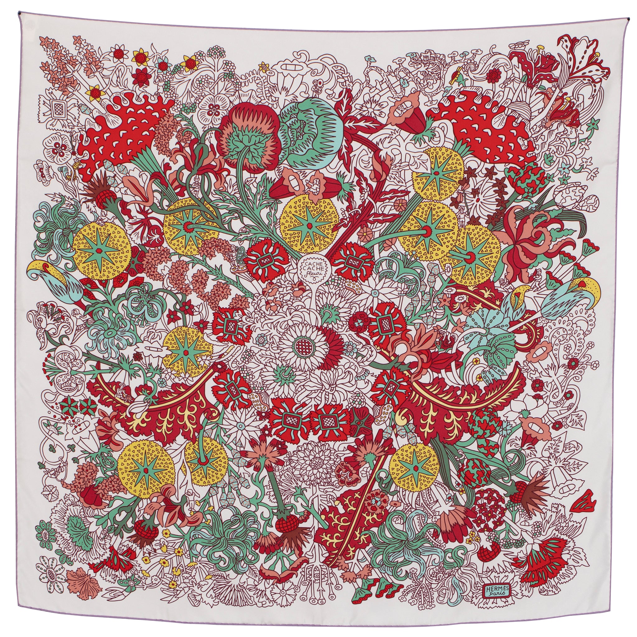 Hermes "Cache-Cache Fleure" Silk Scarf Blanc, Rouge, Vert 90 Cm