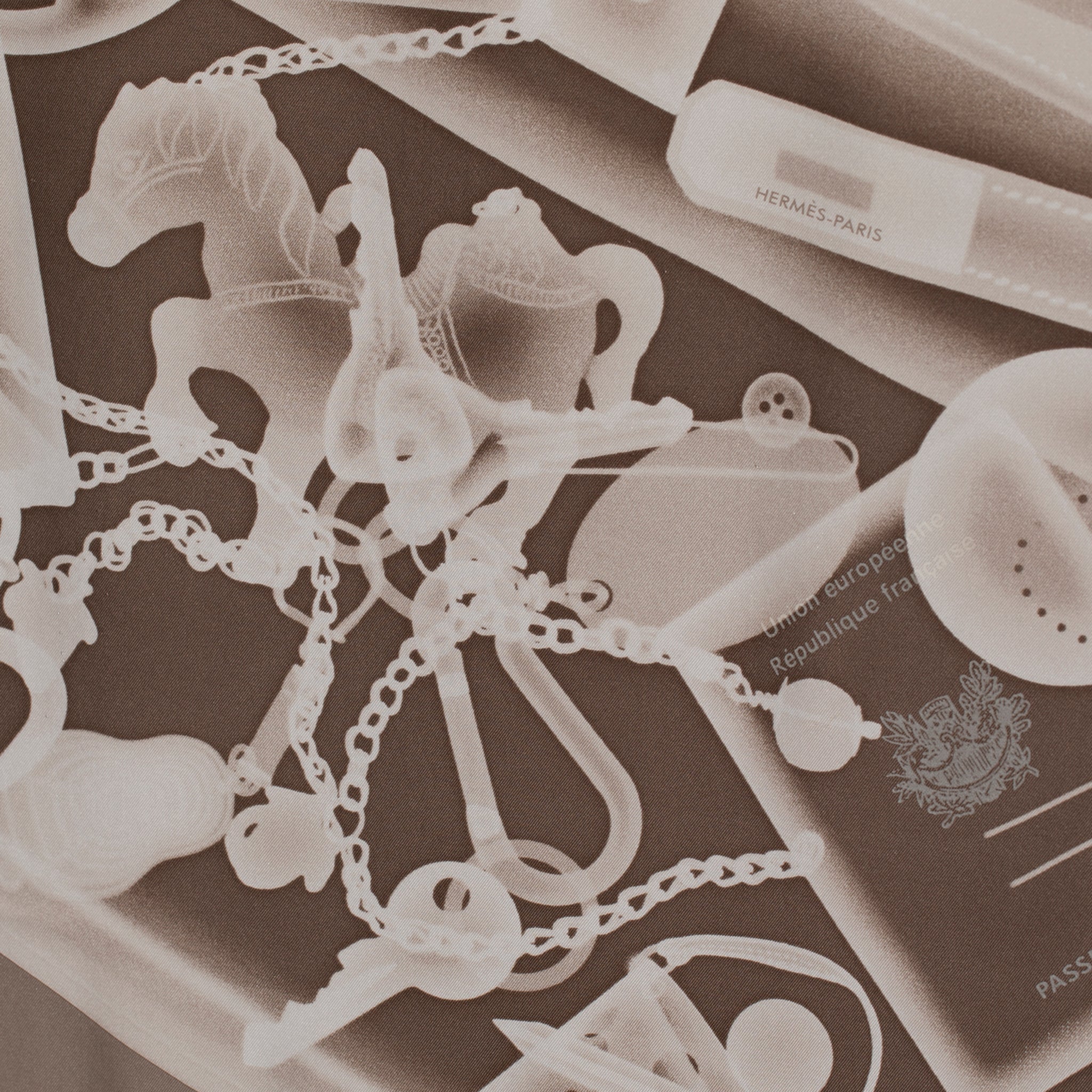 Hermes "Please, Check-In" Silk Scarf Gris Pearl & Etoupe 90 Cm