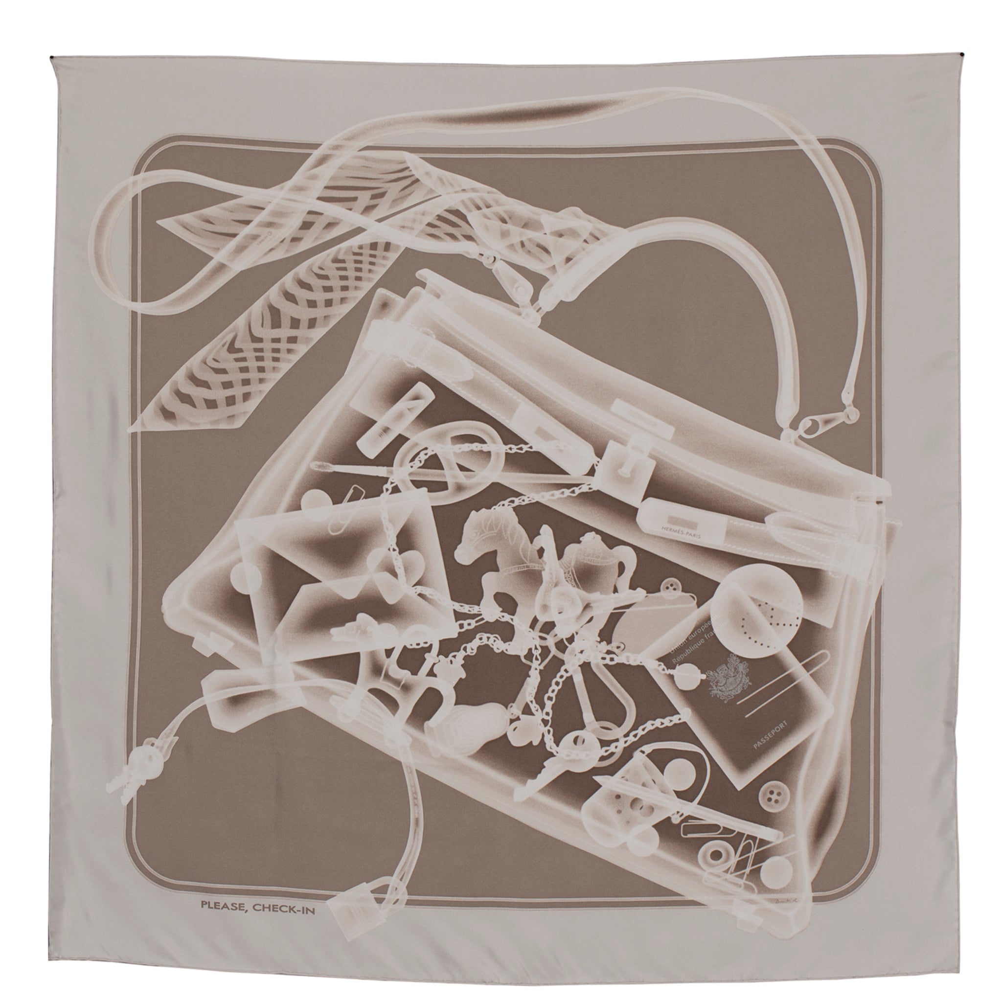 Hermes "Please, Check-In" Silk Scarf Gris Pearl & Etoupe 90 Cm