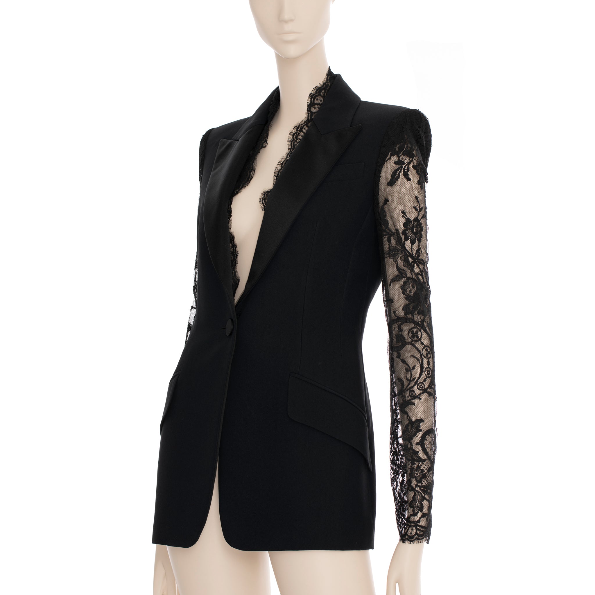 Alexander McQueen Lace Sleeve Tuxedo Jacket in Black 38 IT