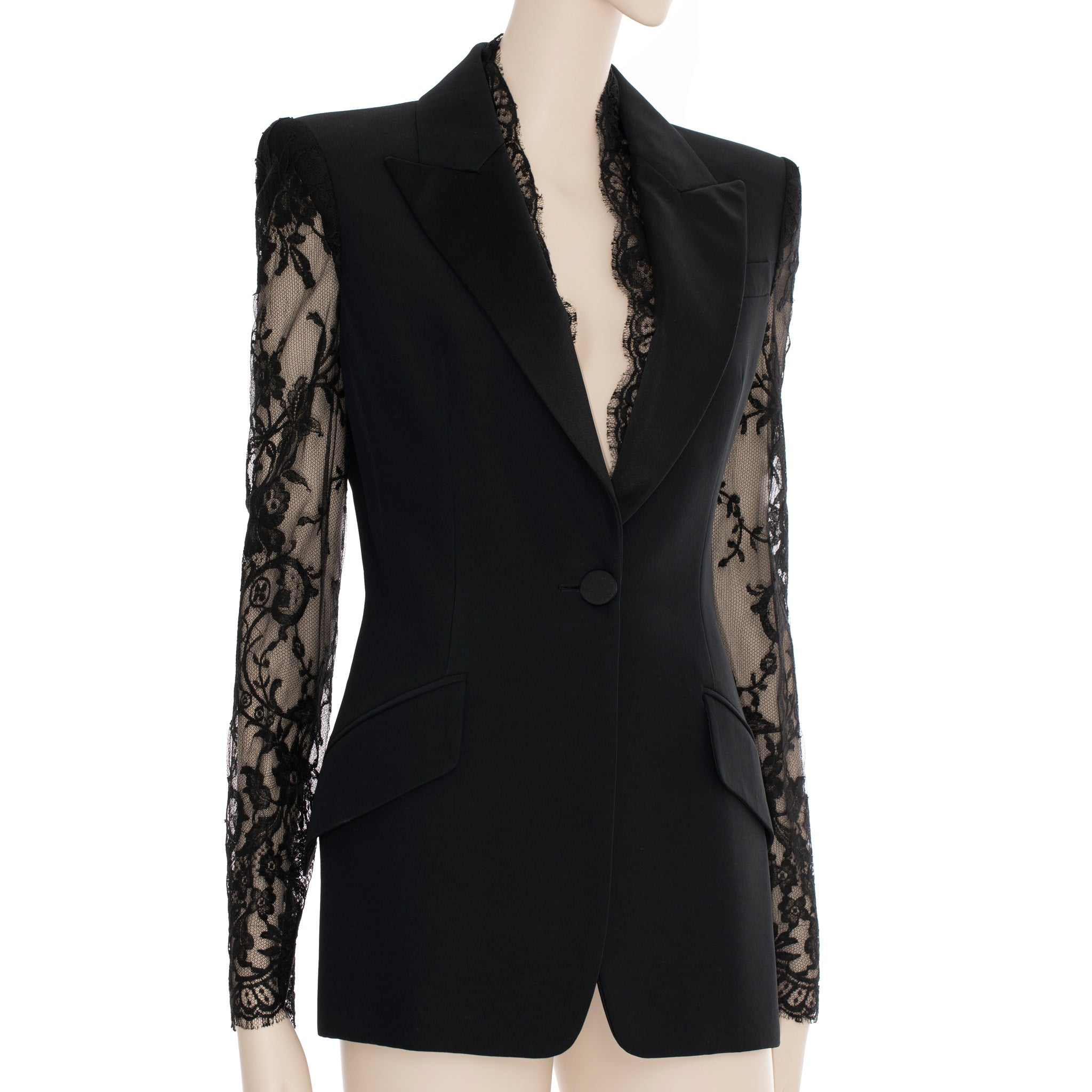 Alexander McQueen Lace Sleeve Tuxedo Jacket in Black 38 IT
