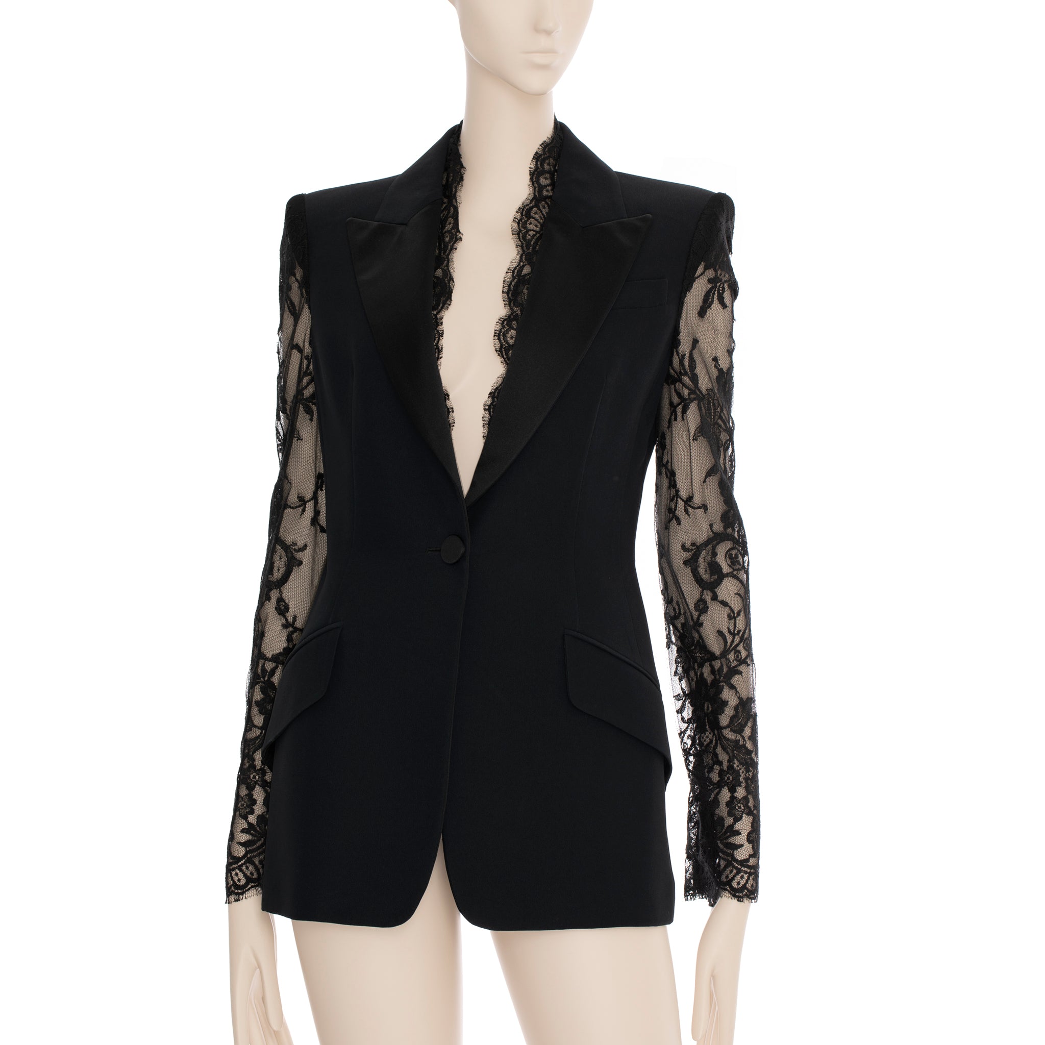 Alexander McQueen Lace Sleeve Tuxedo Jacket in Black 38 IT