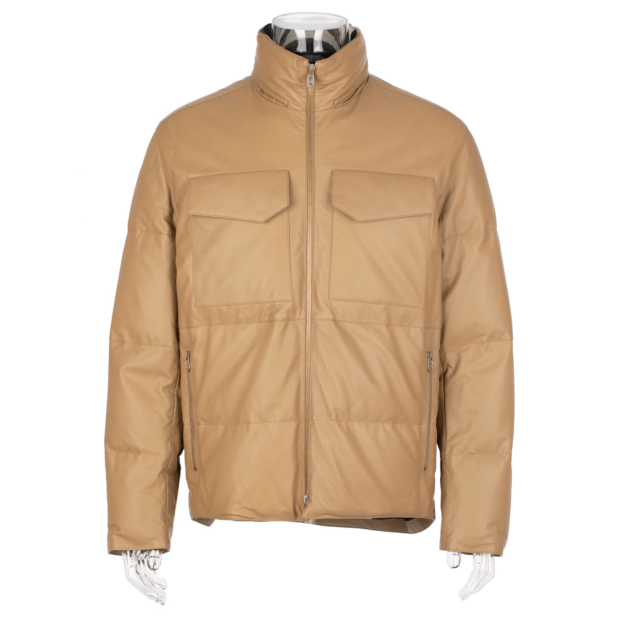 Hermes Mens Matelasse Tan Leather Puffer Jacket 48 FR
