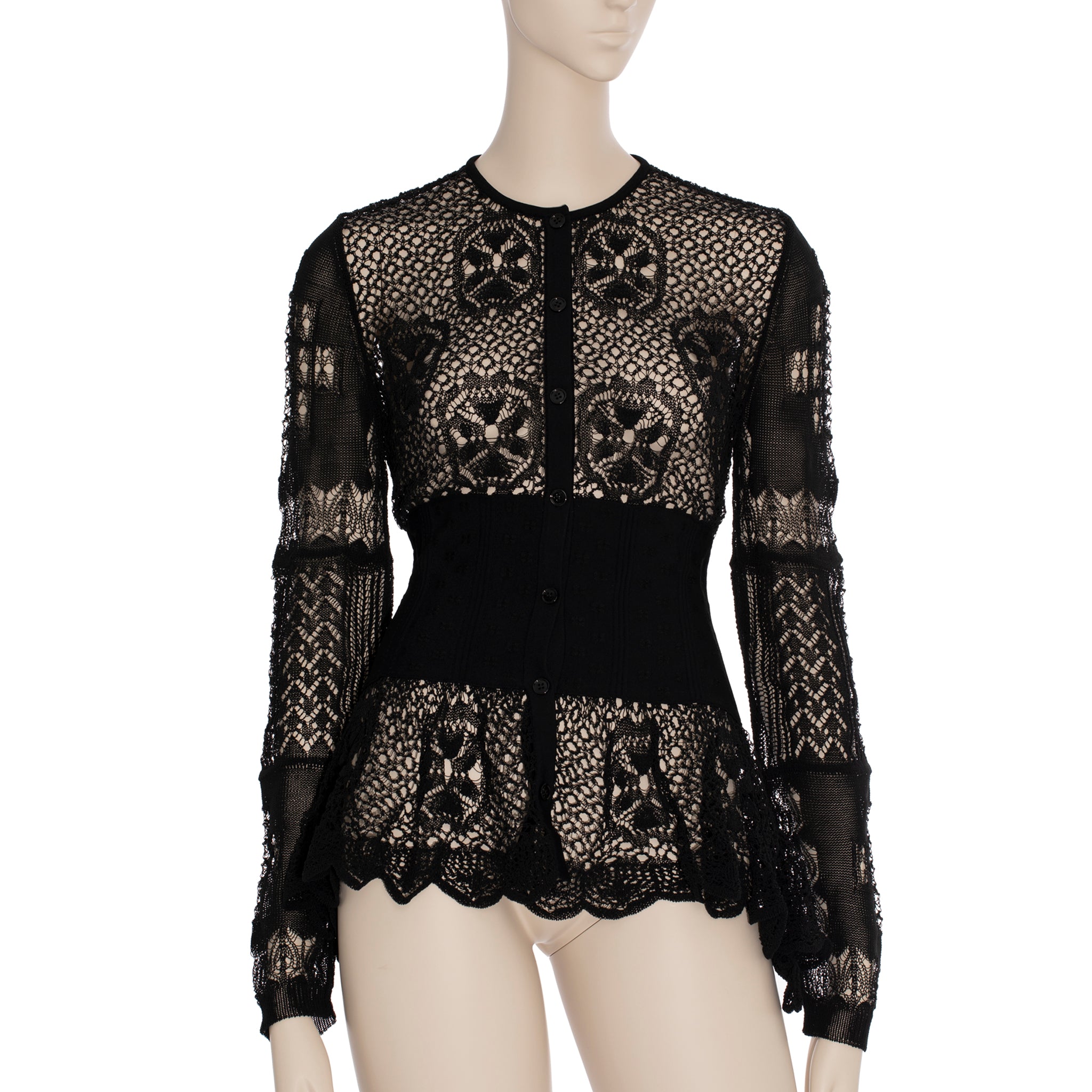 Alexander McQueen Patchwork Lace Peplum Cardigan in Black Small