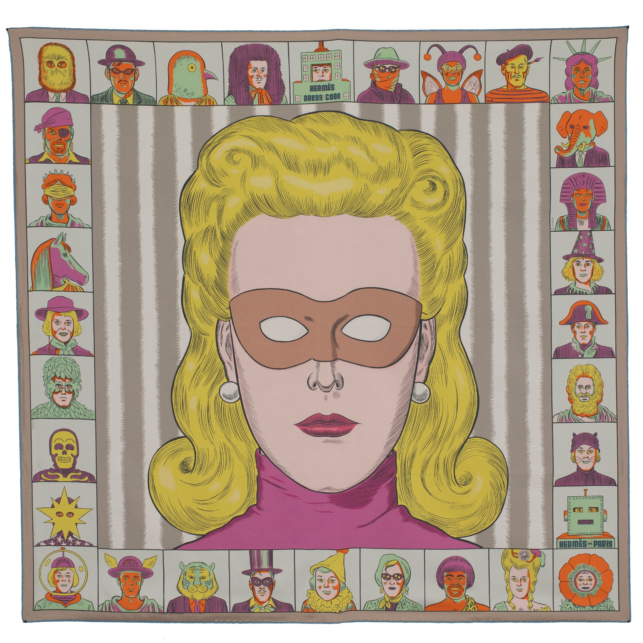 Hermes Double Sided "Dress Code" Silk Scarf Blue, Mordore, Vieux Rose 90 cm