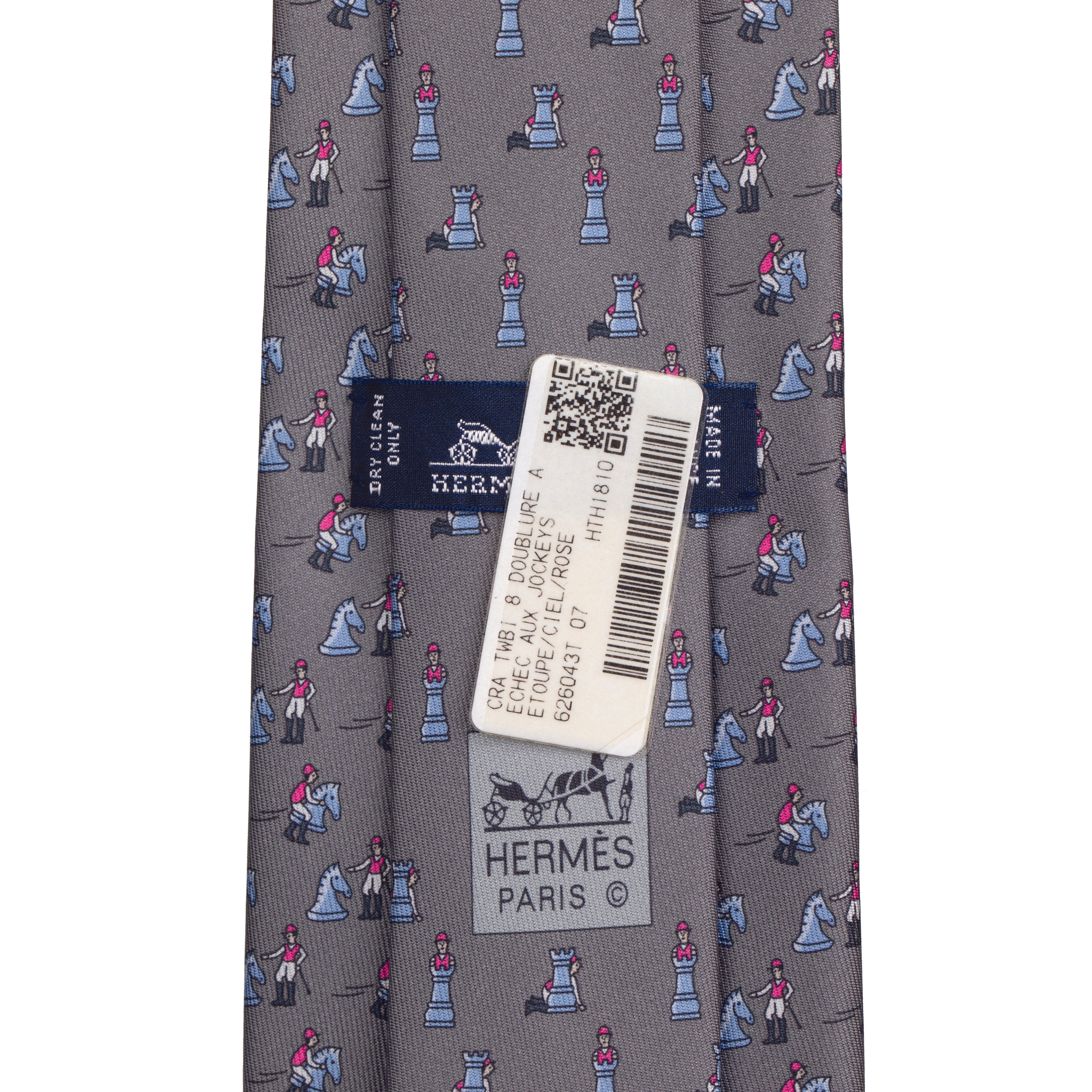 Hermes Mens Grey Chess Print Silk Tie
