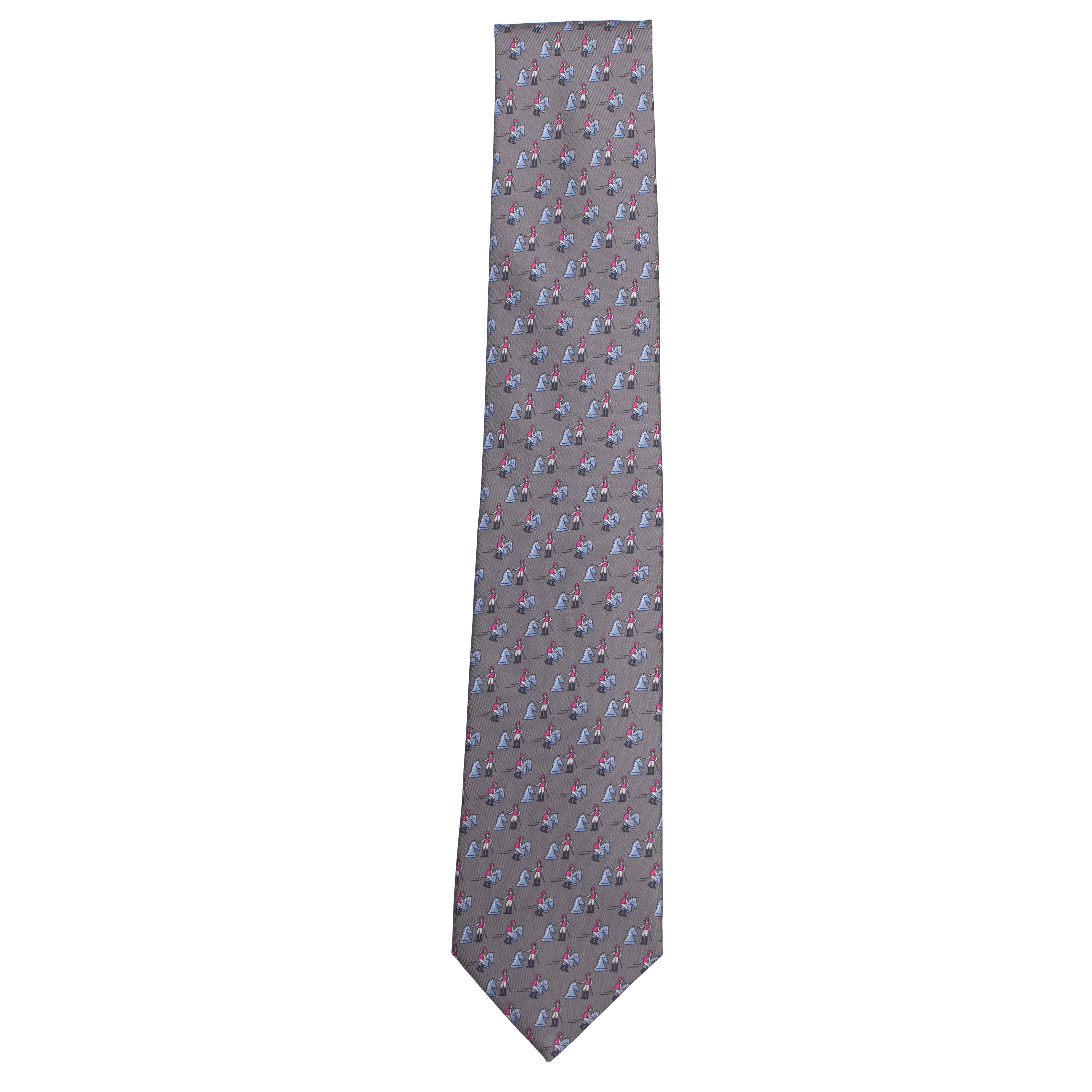 Hermes Mens Grey Chess Print Silk Tie