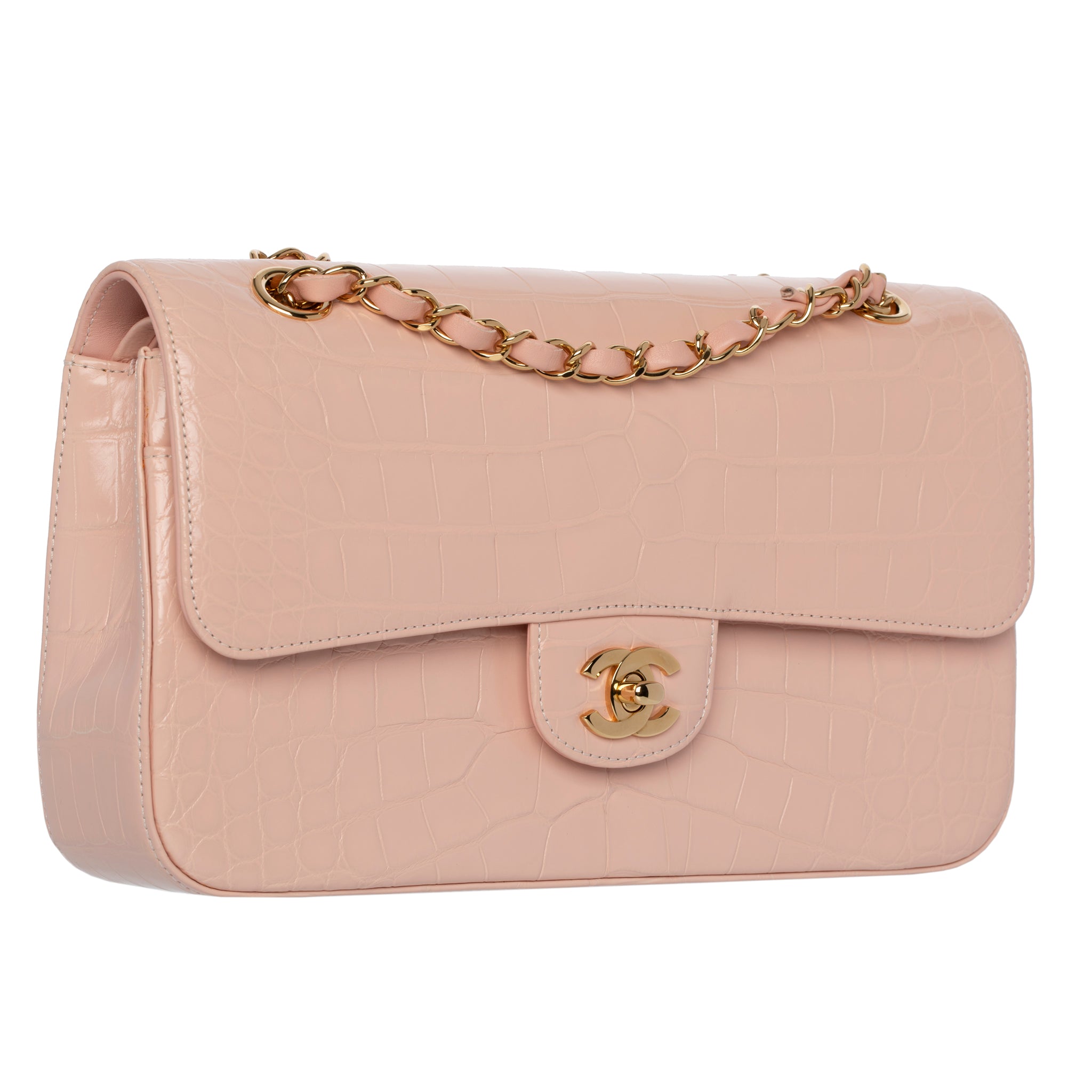 Chanel Medium Double Classic Flap Bag Pale Pink Crocodile Leather Gold Tone Hardware