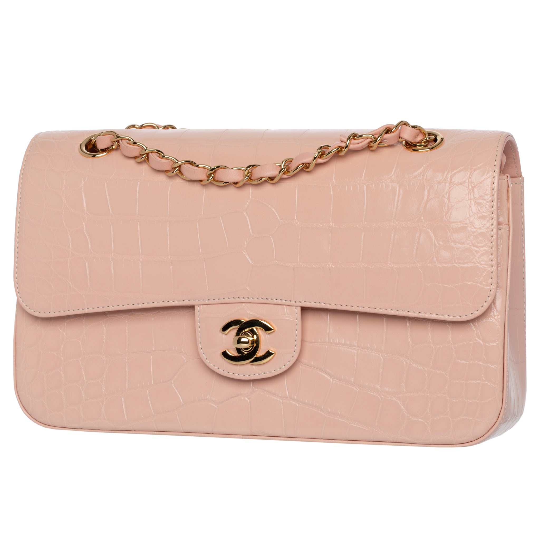 Chanel Medium Double Classic Flap Bag Pale Pink Crocodile Leather Gold Tone Hardware