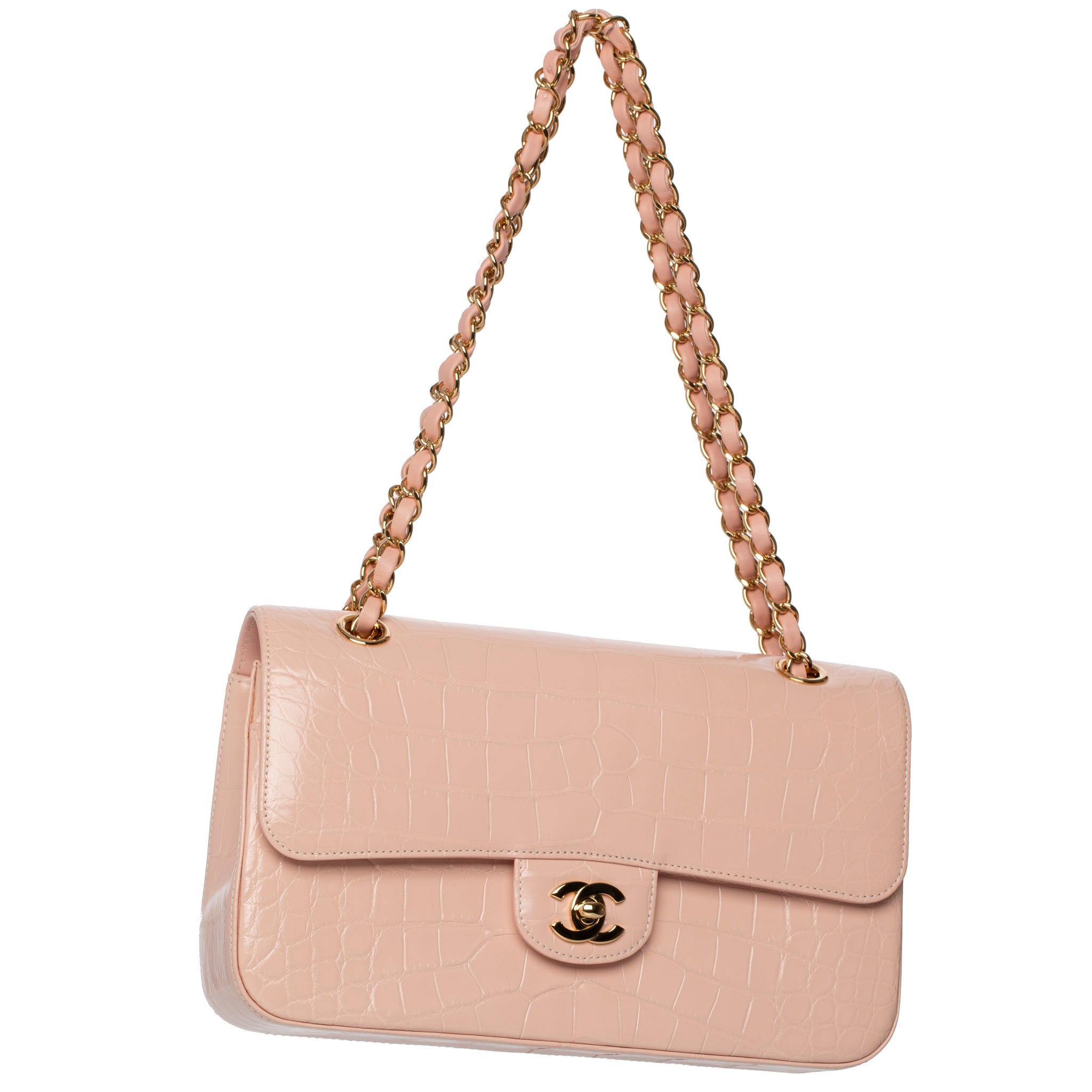 Chanel Medium Double Classic Flap Bag Pale Pink Crocodile Leather Gold Tone Hardware