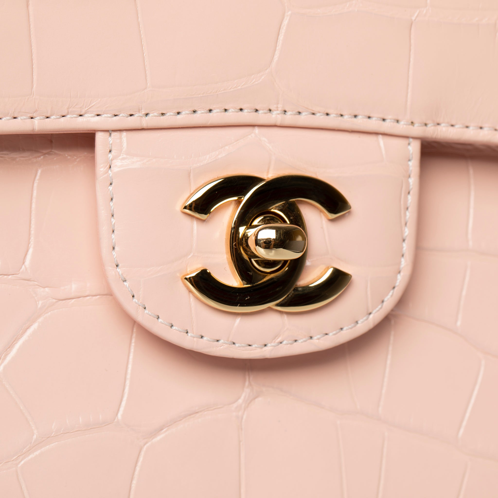 Chanel Medium Double Classic Flap Bag Pale Pink Crocodile Leather Gold Tone Hardware