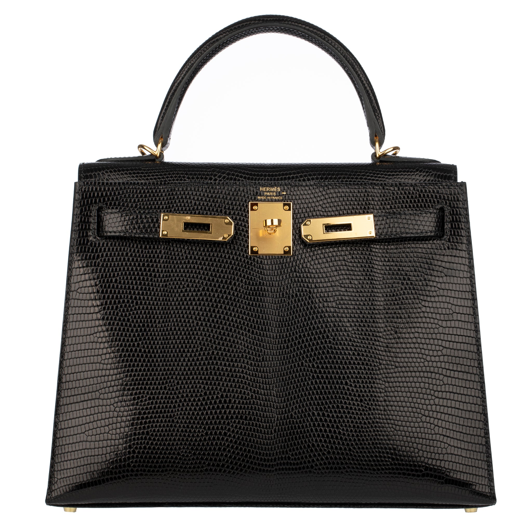 Hermes Kelly 28cm Black Lizard Leather Gold Hardware