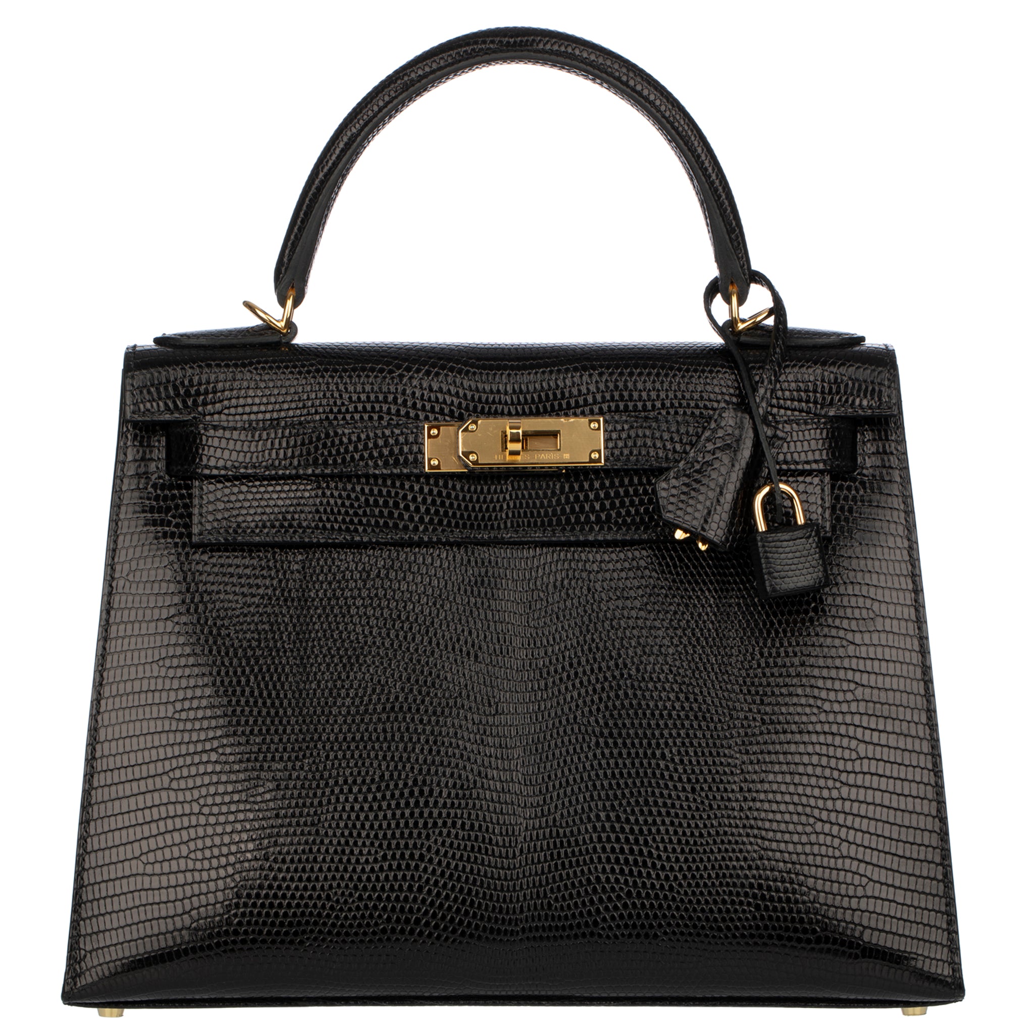 Hermes Kelly 28cm Black Lizard Leather Gold Hardware