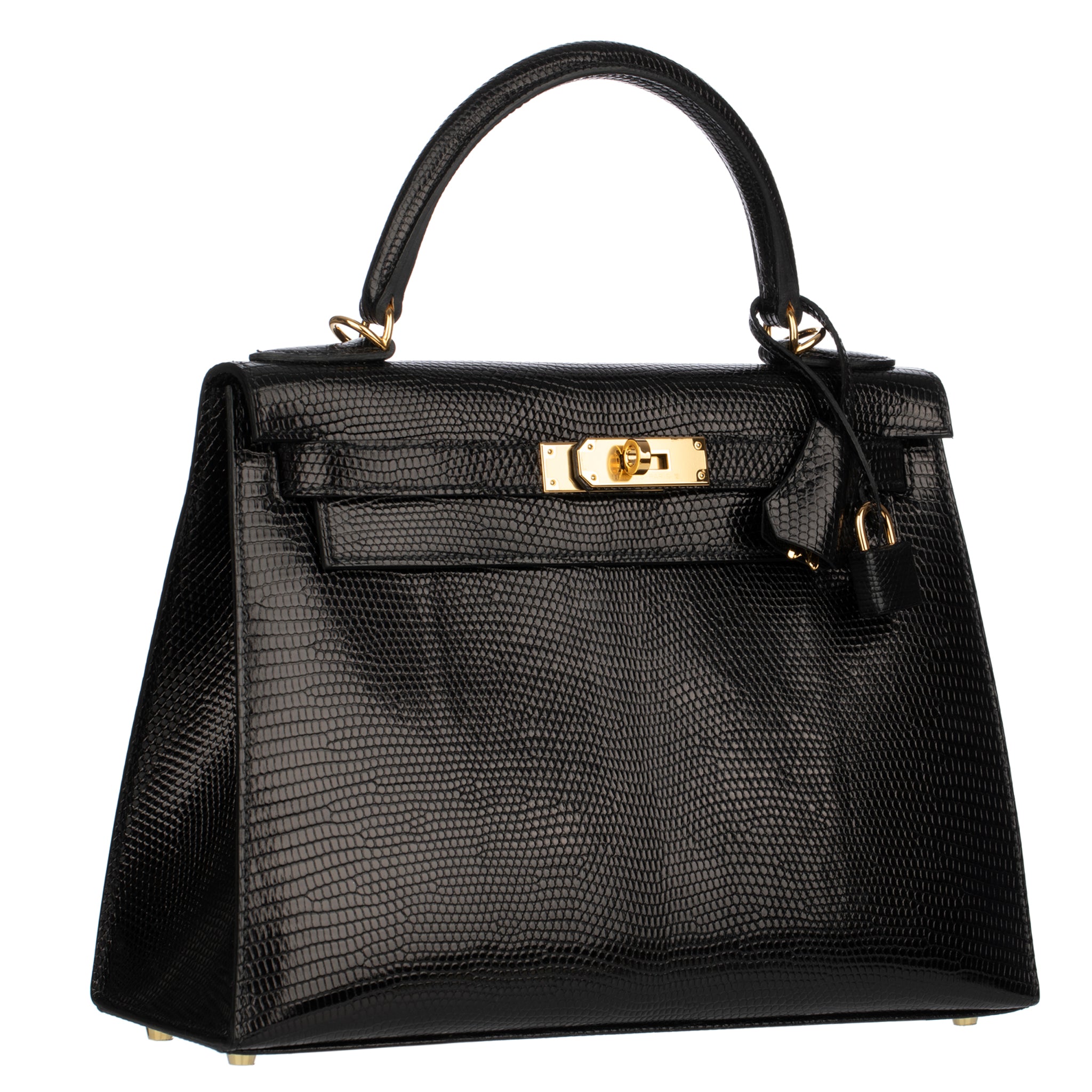 Hermes Kelly 28cm Black Lizard Leather Gold Hardware