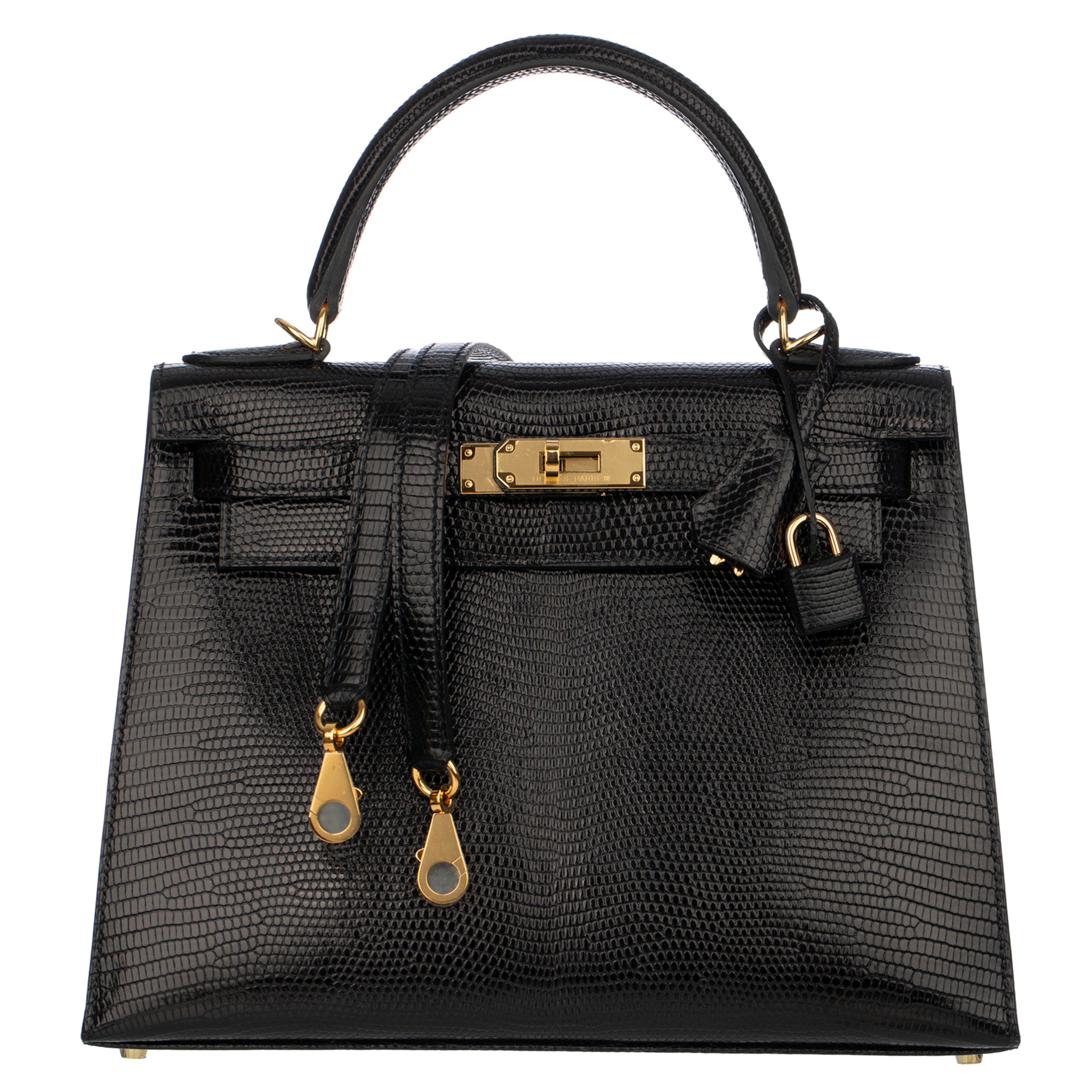 Hermes Kelly 28cm Black Lizard Leather Gold Hardware