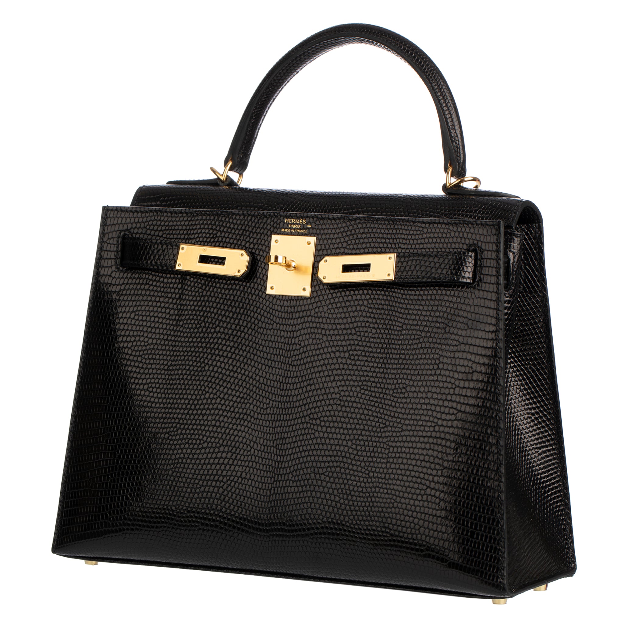 Hermes Kelly 28cm Black Lizard Leather Gold Hardware