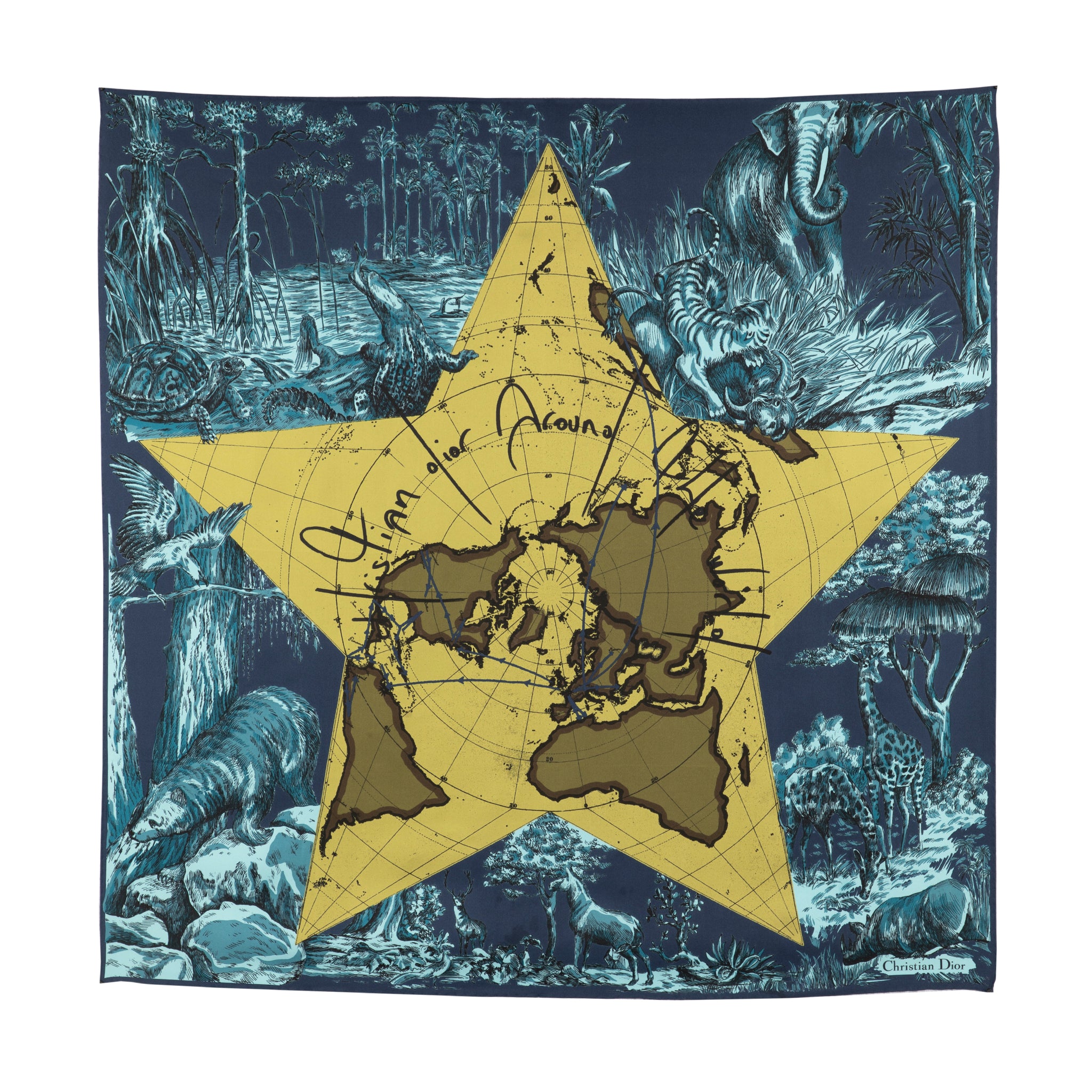 Christian Dior 90cm Around The World Green Silk Scarf