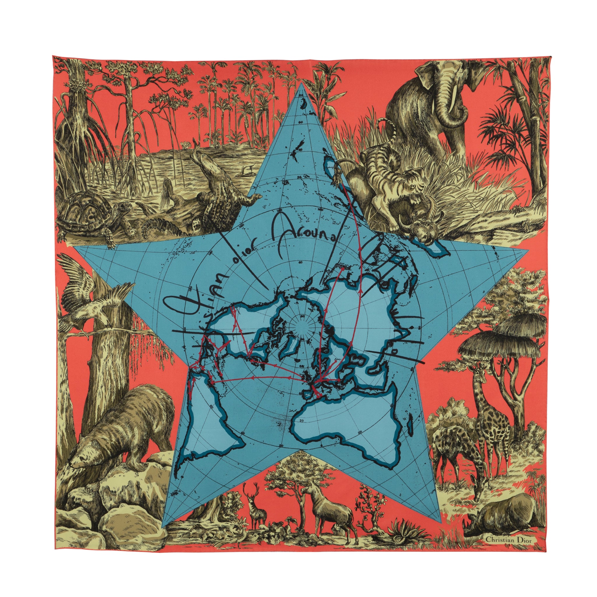 Christian Dior 90cm Around The World Blue Silk Scarf