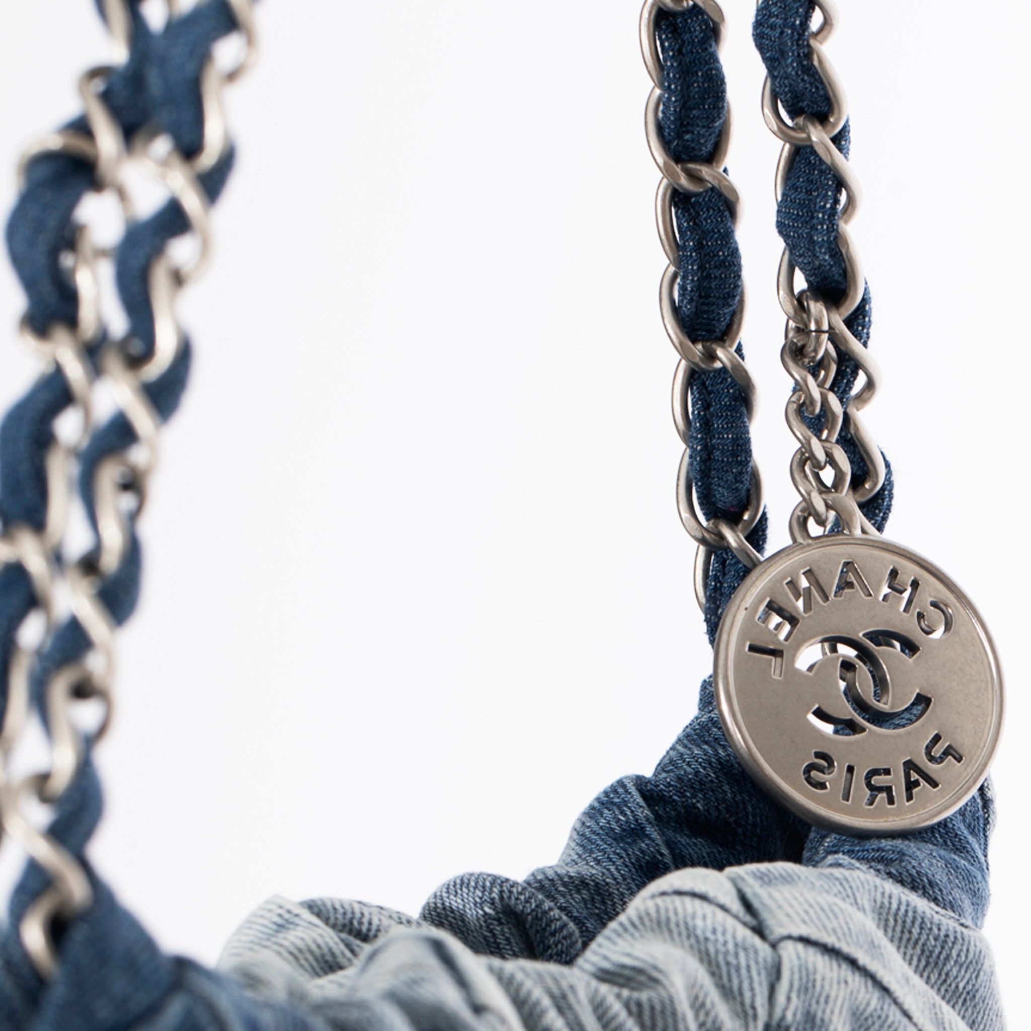 Chanel 22 Handbag Washed Denim Silver Tone Hardware