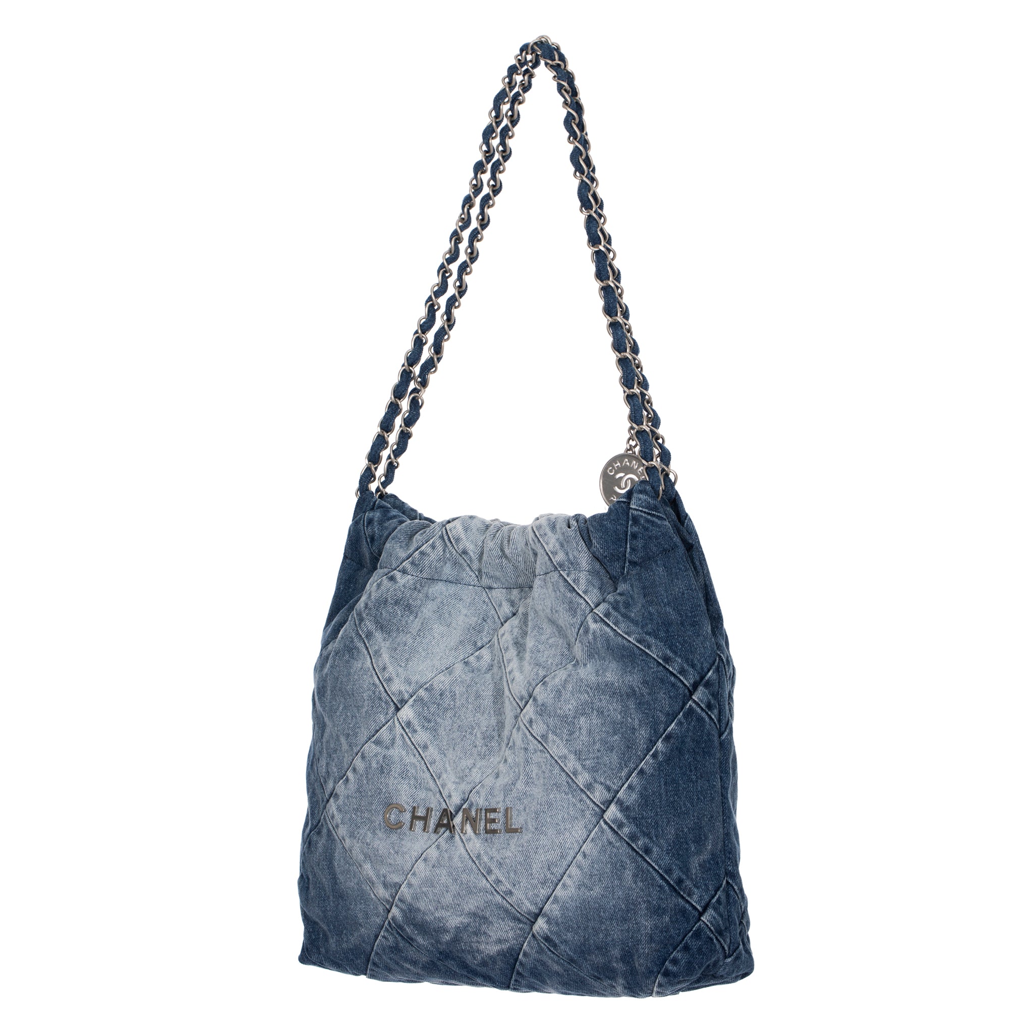 Chanel 22 Handbag Washed Denim Silver Tone Hardware
