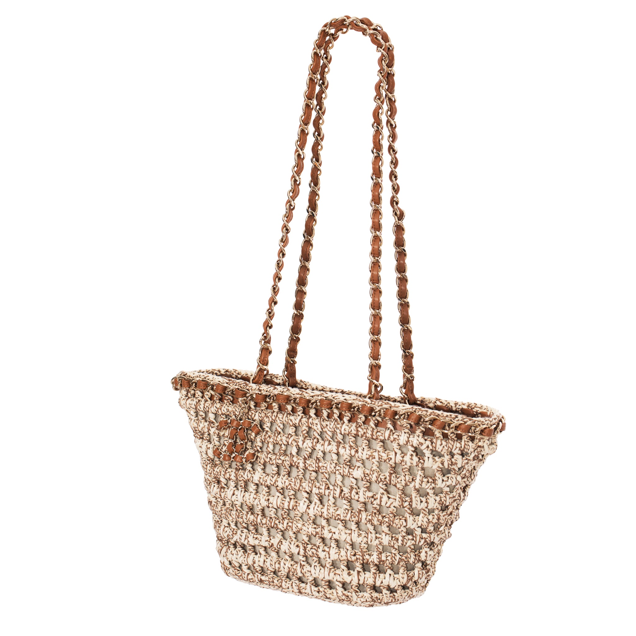 Chanel Small Crochet Shopping Tote Beige & Tan Gold Tone Hardware