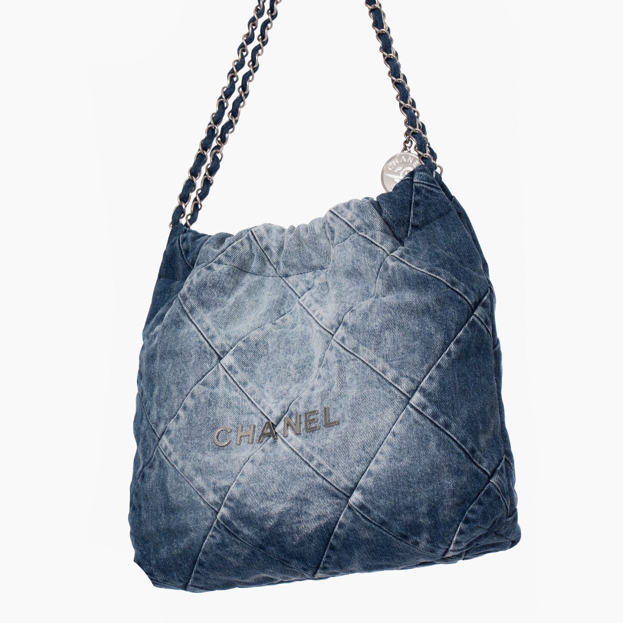 Chanel 22 Handbag Washed Denim Silver Tone Hardware