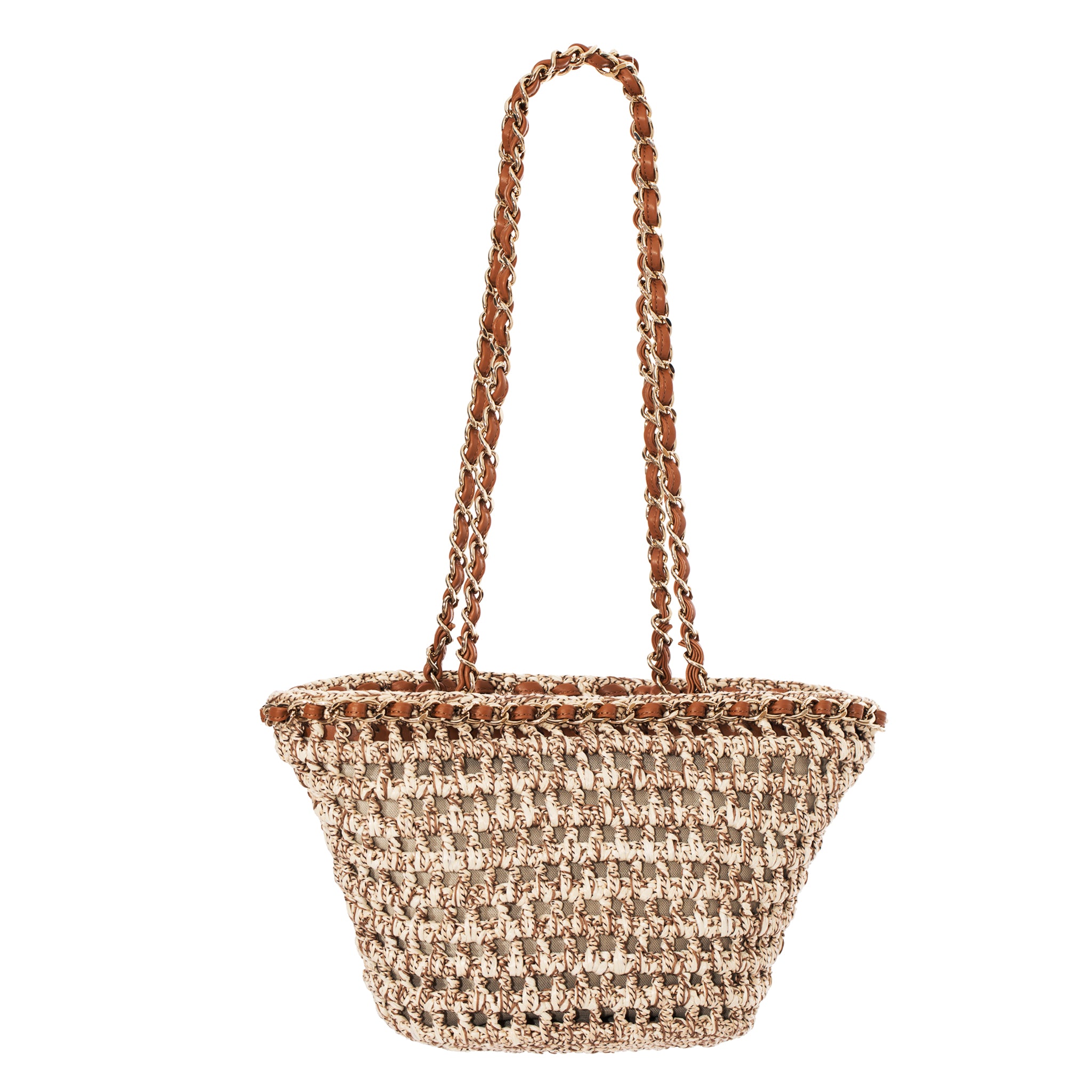 Chanel Small Crochet Shopping Tote Beige & Tan Gold Tone Hardware