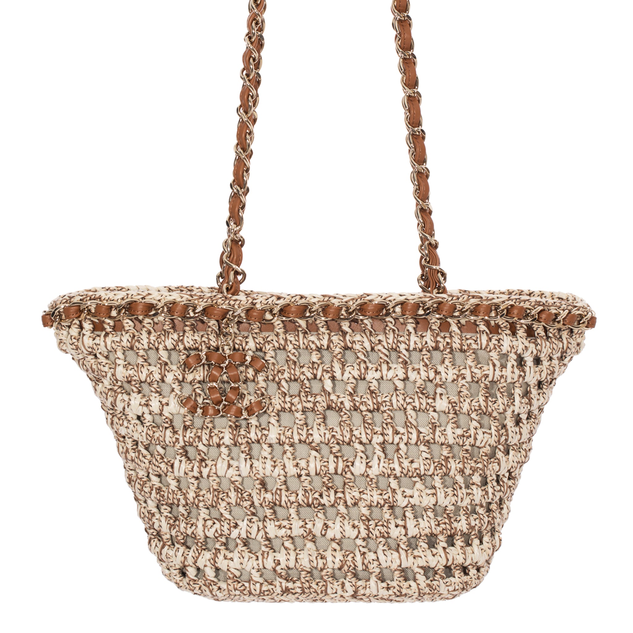 Chanel Small Crochet Shopping Tote Beige & Tan Gold Tone Hardware