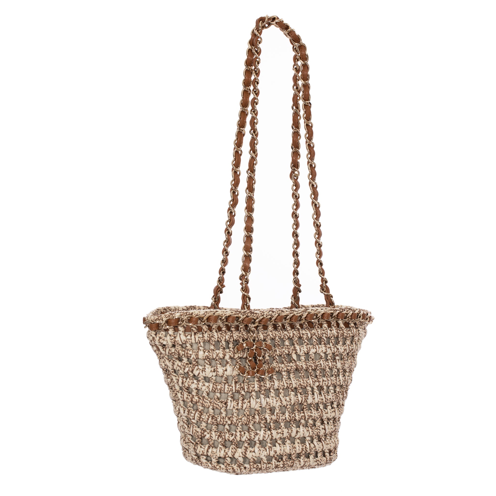 Chanel Small Crochet Shopping Tote Beige & Tan Gold Tone Hardware