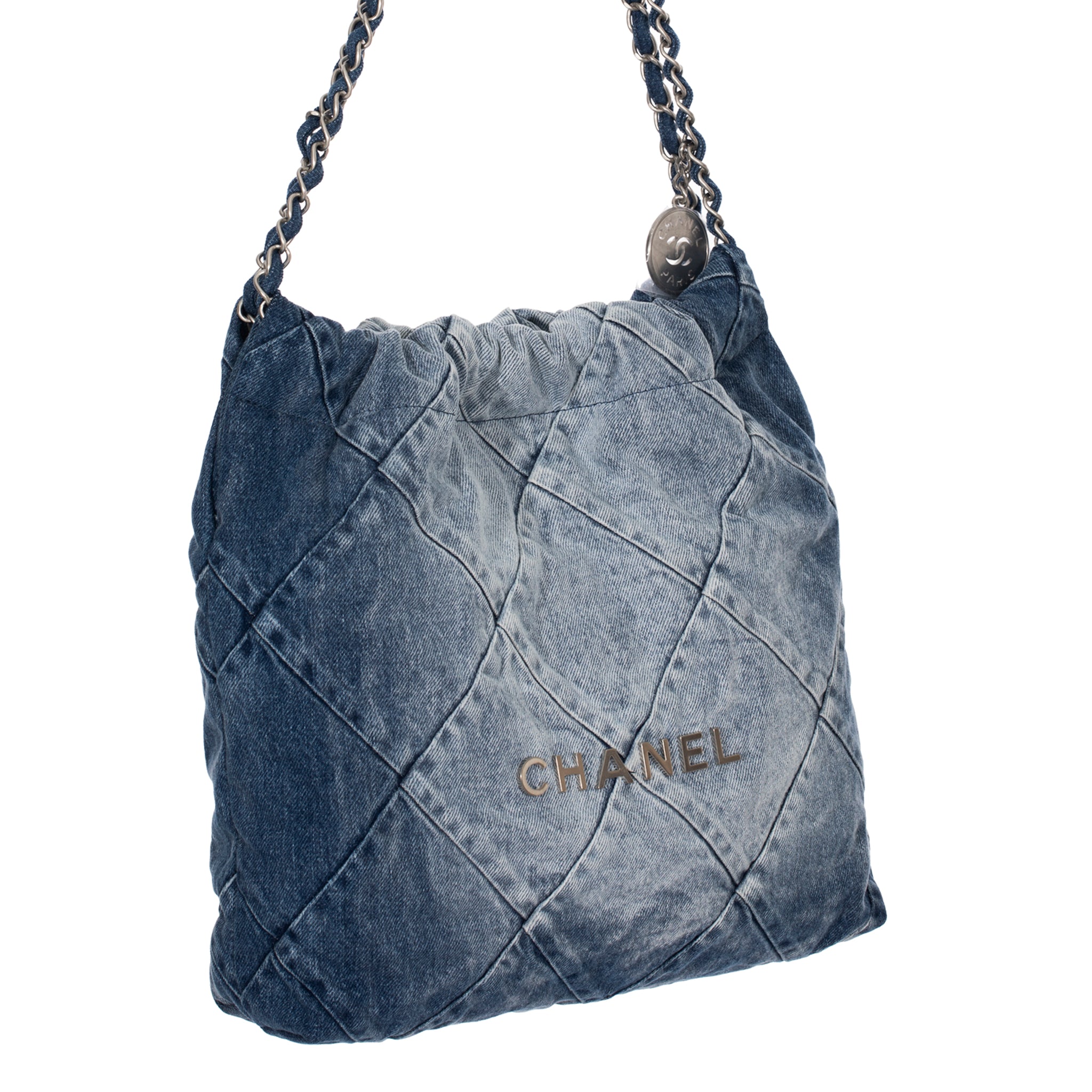 Chanel 22 Handbag Washed Denim Silver Tone Hardware