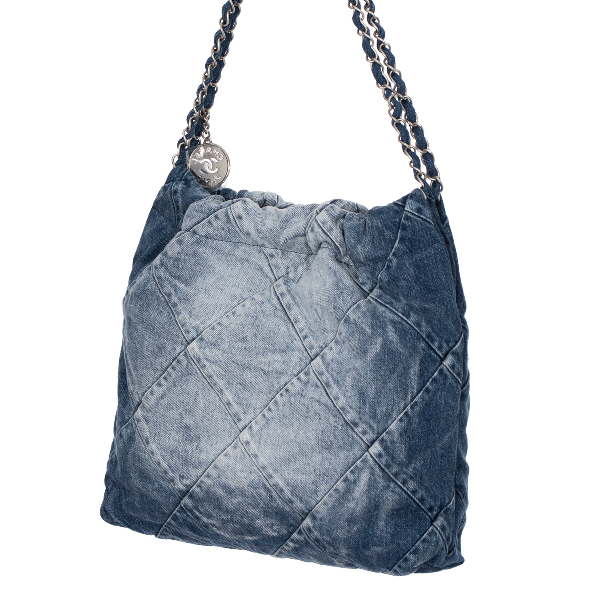 Chanel 22 Handbag Washed Denim Silver Tone Hardware