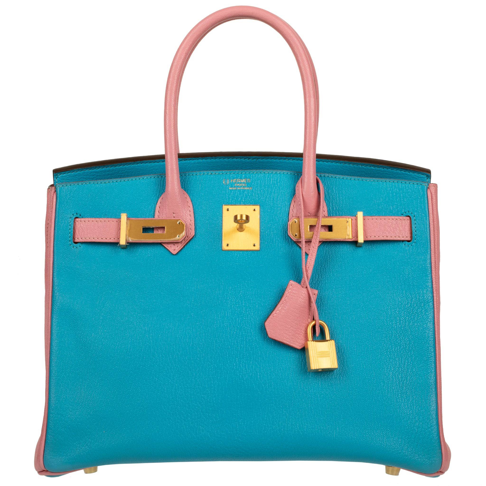 HERMES BIRKIN 30CM SPECIAL ORDER BLUE AZTEC & ROSE CONFETTI CHEVRE LEATHER BRUSHED GOLD HARDWARE - On Repeat