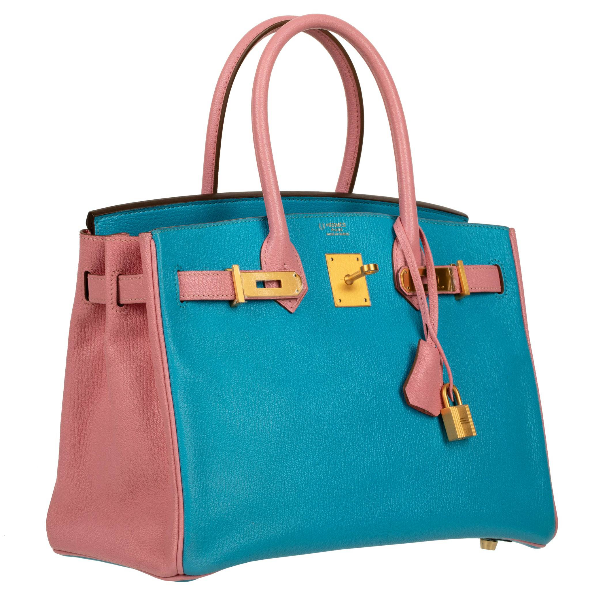 HERMES BIRKIN 30CM SPECIAL ORDER BLUE AZTEC & ROSE CONFETTI CHEVRE LEATHER BRUSHED GOLD HARDWARE - On Repeat