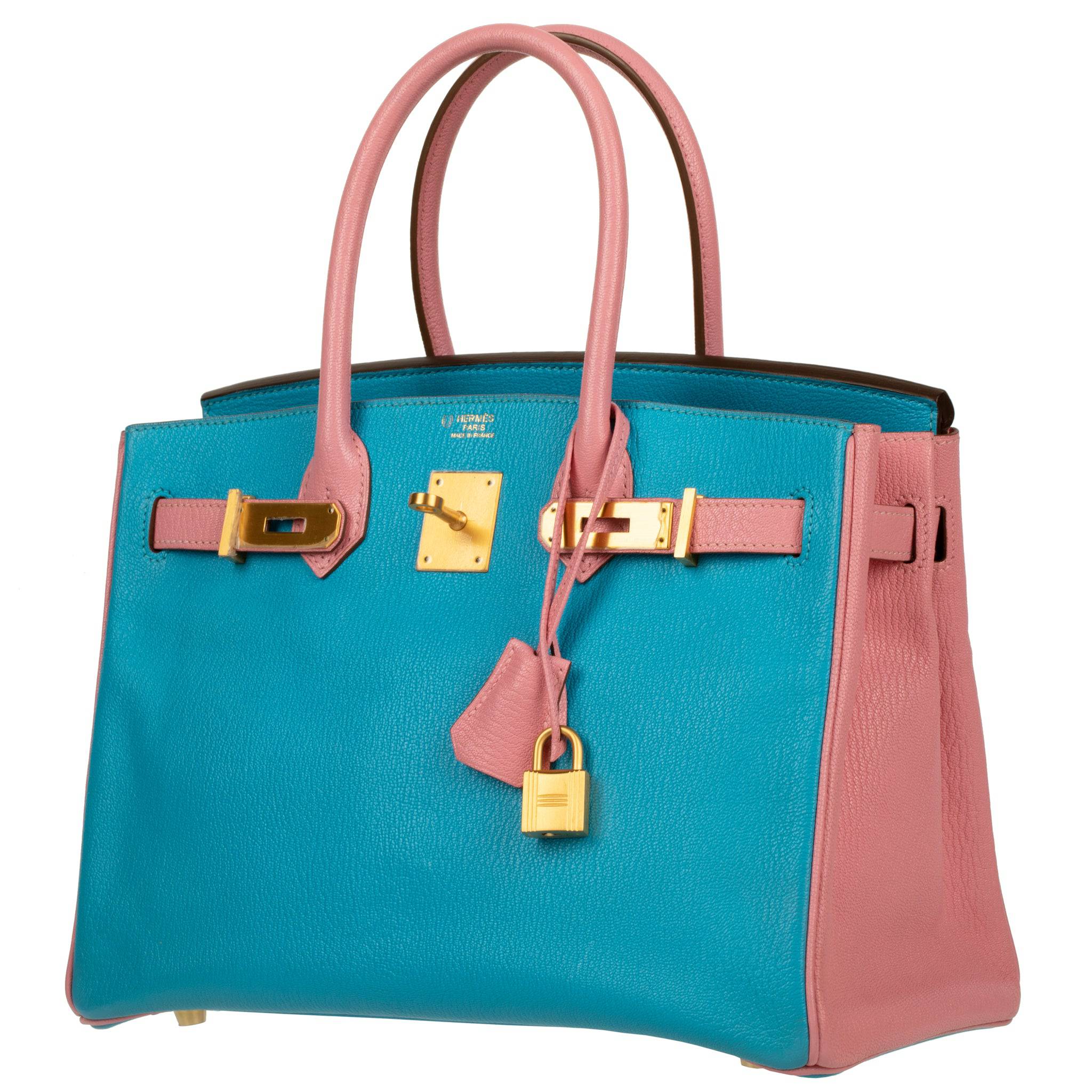 HERMES BIRKIN 30CM SPECIAL ORDER BLUE AZTEC & ROSE CONFETTI CHEVRE LEATHER BRUSHED GOLD HARDWARE - On Repeat