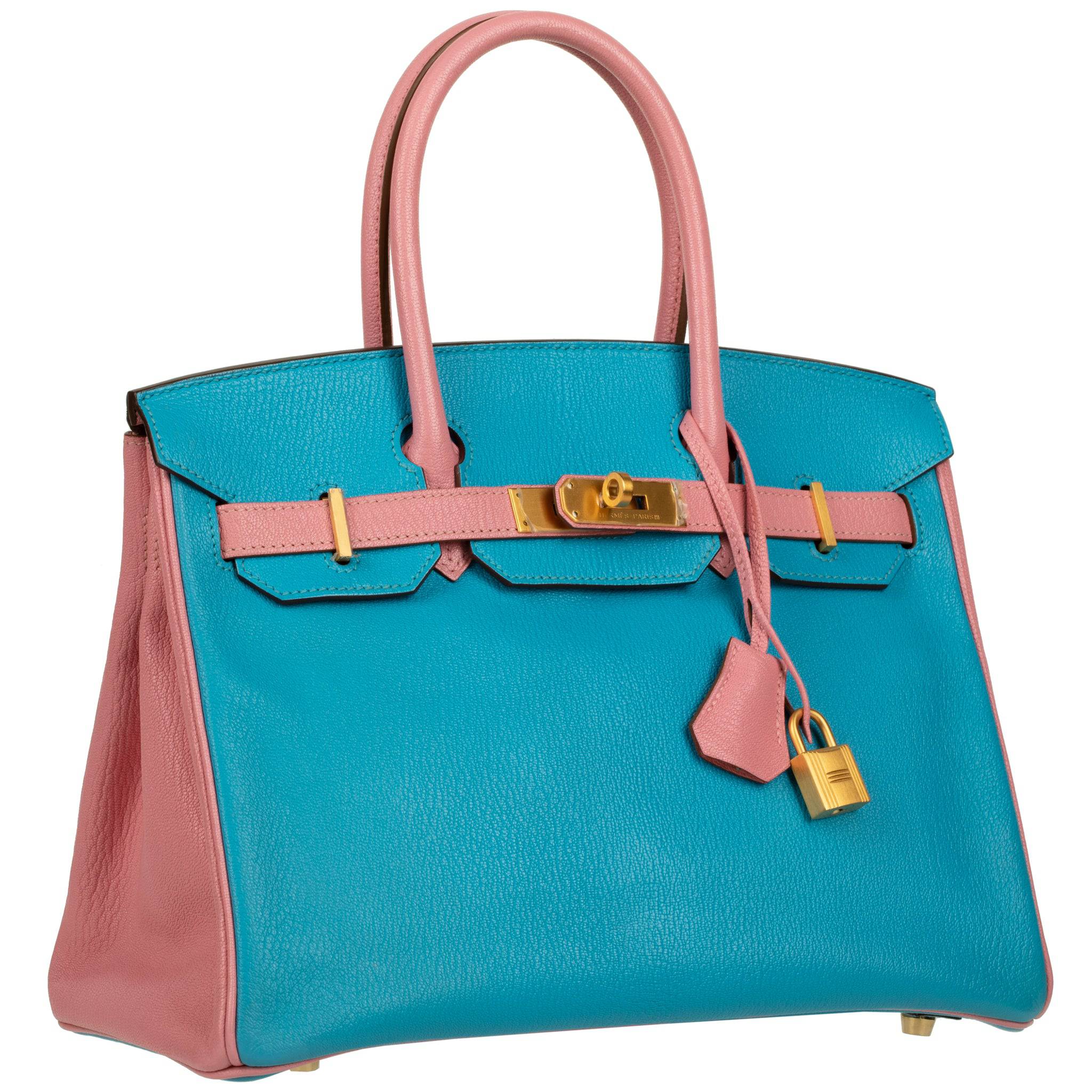 HERMES BIRKIN 30CM SPECIAL ORDER BLUE AZTEC & ROSE CONFETTI CHEVRE LEATHER BRUSHED GOLD HARDWARE - On Repeat