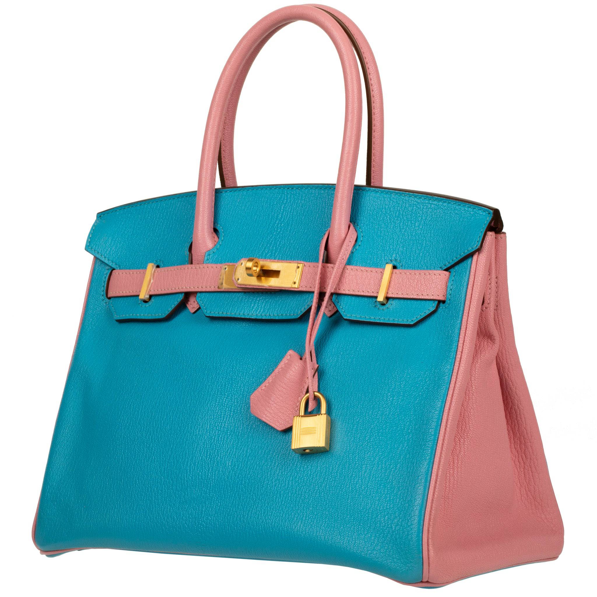 HERMES BIRKIN 30CM SPECIAL ORDER BLUE AZTEC & ROSE CONFETTI CHEVRE LEATHER BRUSHED GOLD HARDWARE - On Repeat